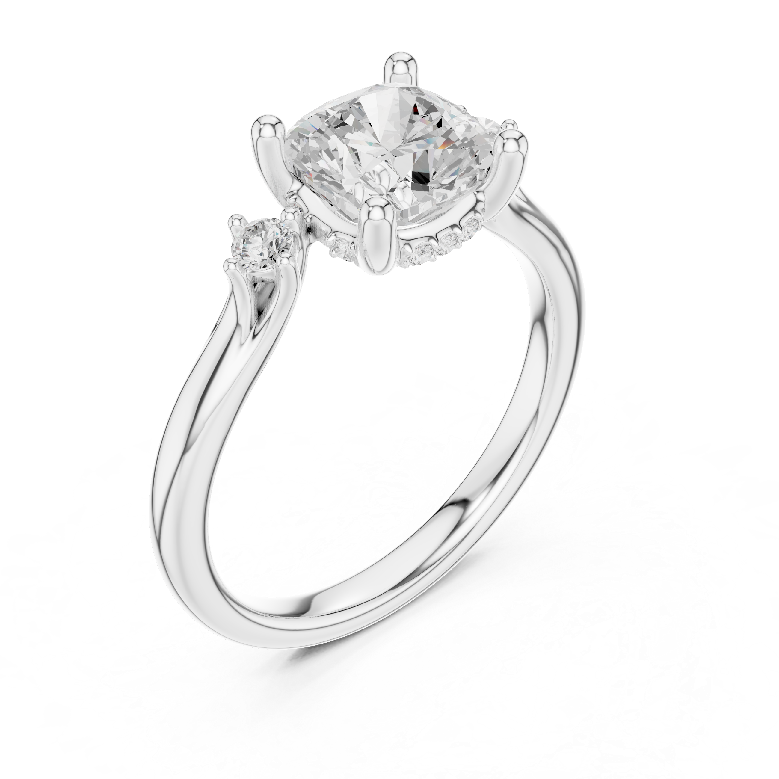 Cushion Cut Three Stone Hidden Halo Diamond Engagement Ring