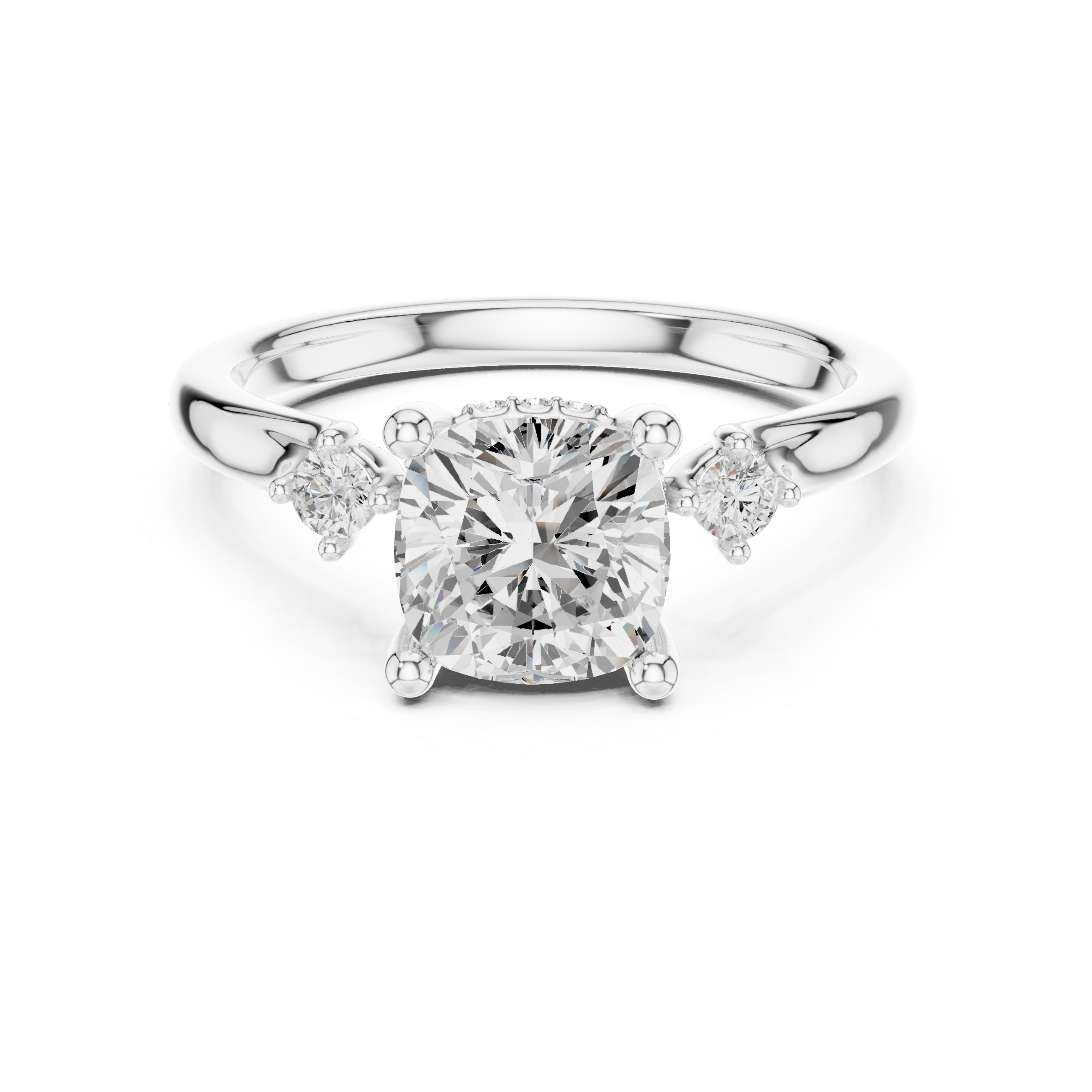 Cushion Cut Three Stone Hidden Halo Diamond Engagement Ring