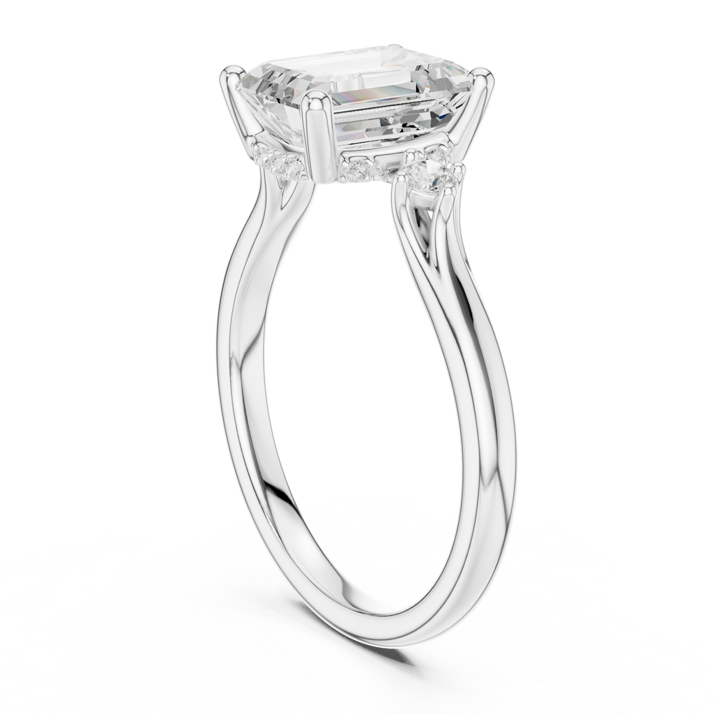 Emerald Cut Three Stone Hidden Halo Diamond Engagement Ring