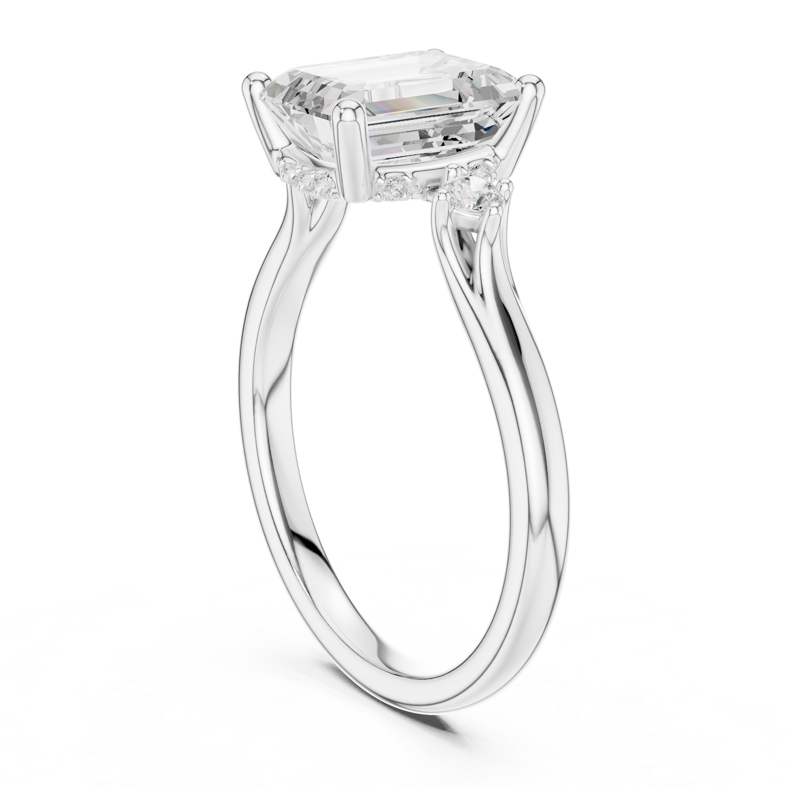 Emerald Cut Three Stone Hidden Halo Diamond Engagement Ring