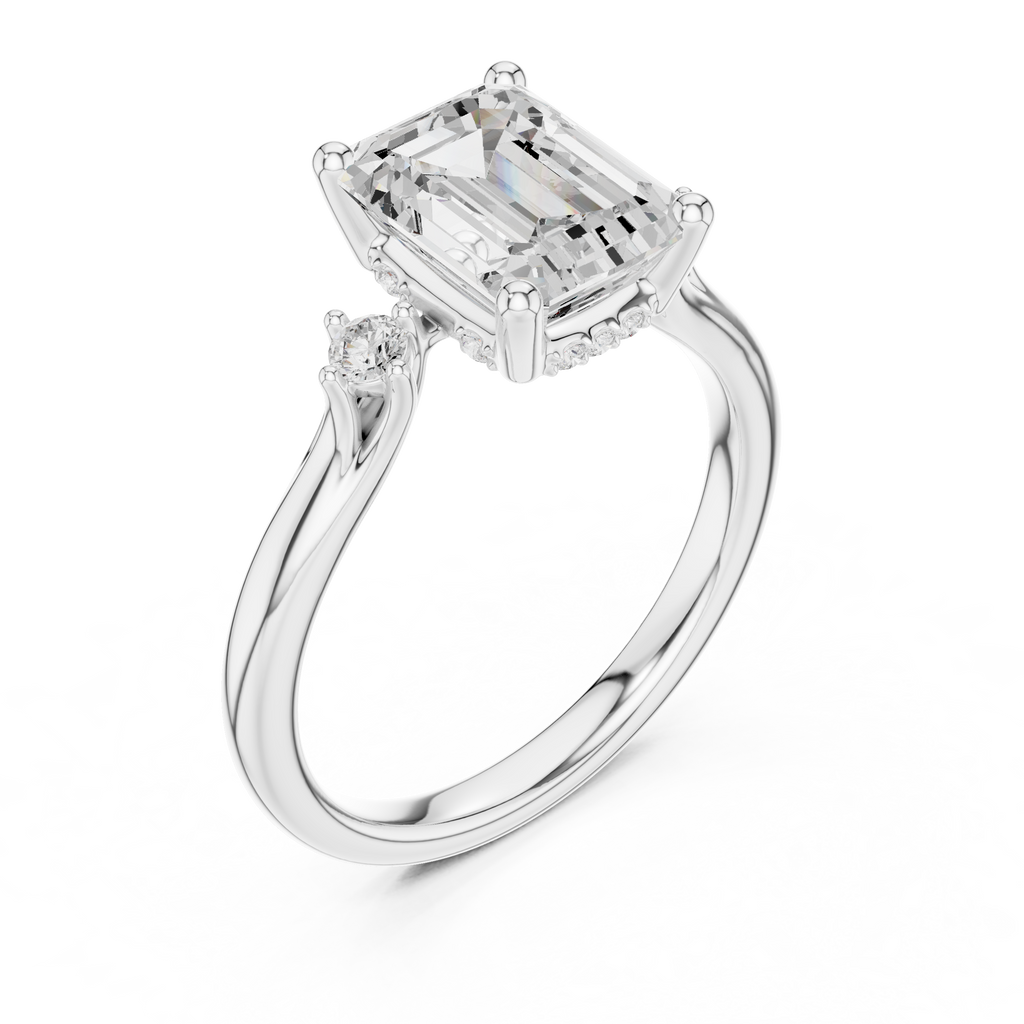 Emerald Cut Three Stone Hidden Halo Diamond Engagement Ring