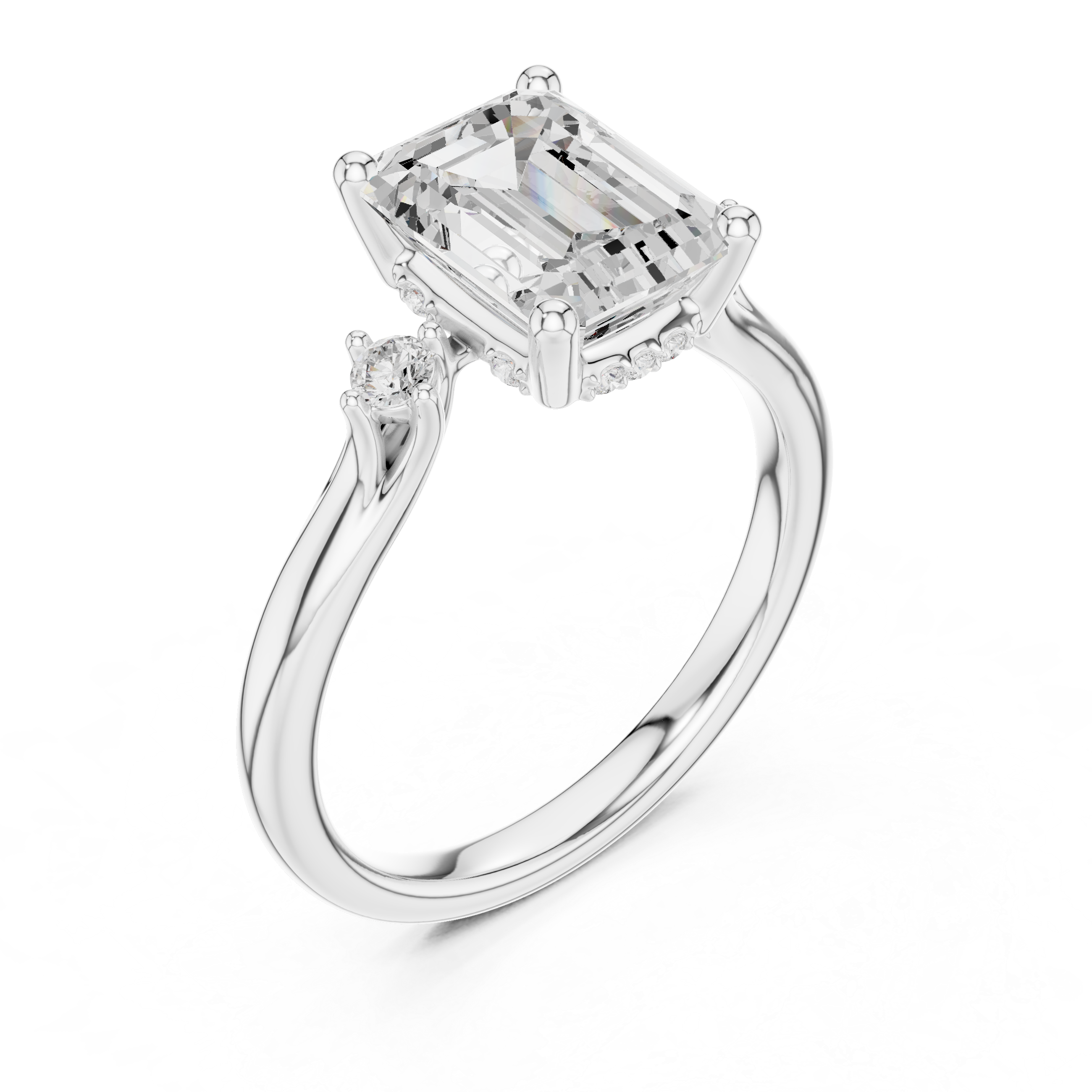 Emerald Cut Three Stone Hidden Halo Diamond Engagement Ring