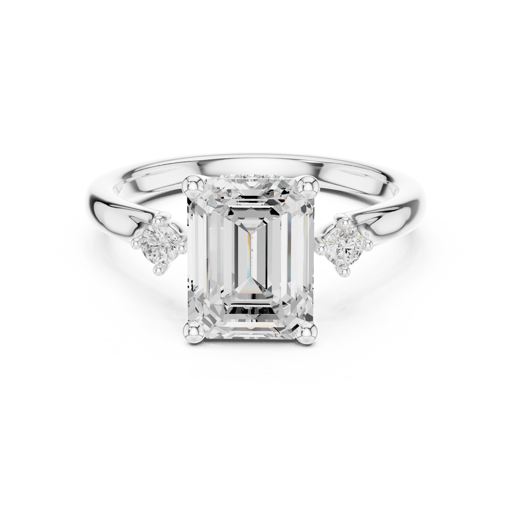 Emerald Cut Three Stone Hidden Halo Diamond Engagement Ring
