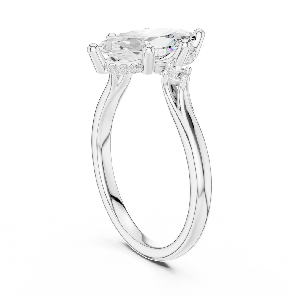 Marquise Cut Three Stone Hidden Halo Diamond Engagement Ring