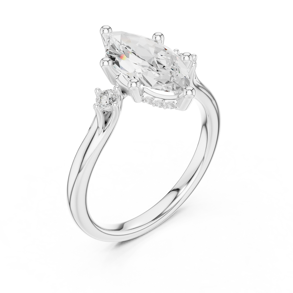 Marquise Cut Three Stone Hidden Halo Diamond Engagement Ring