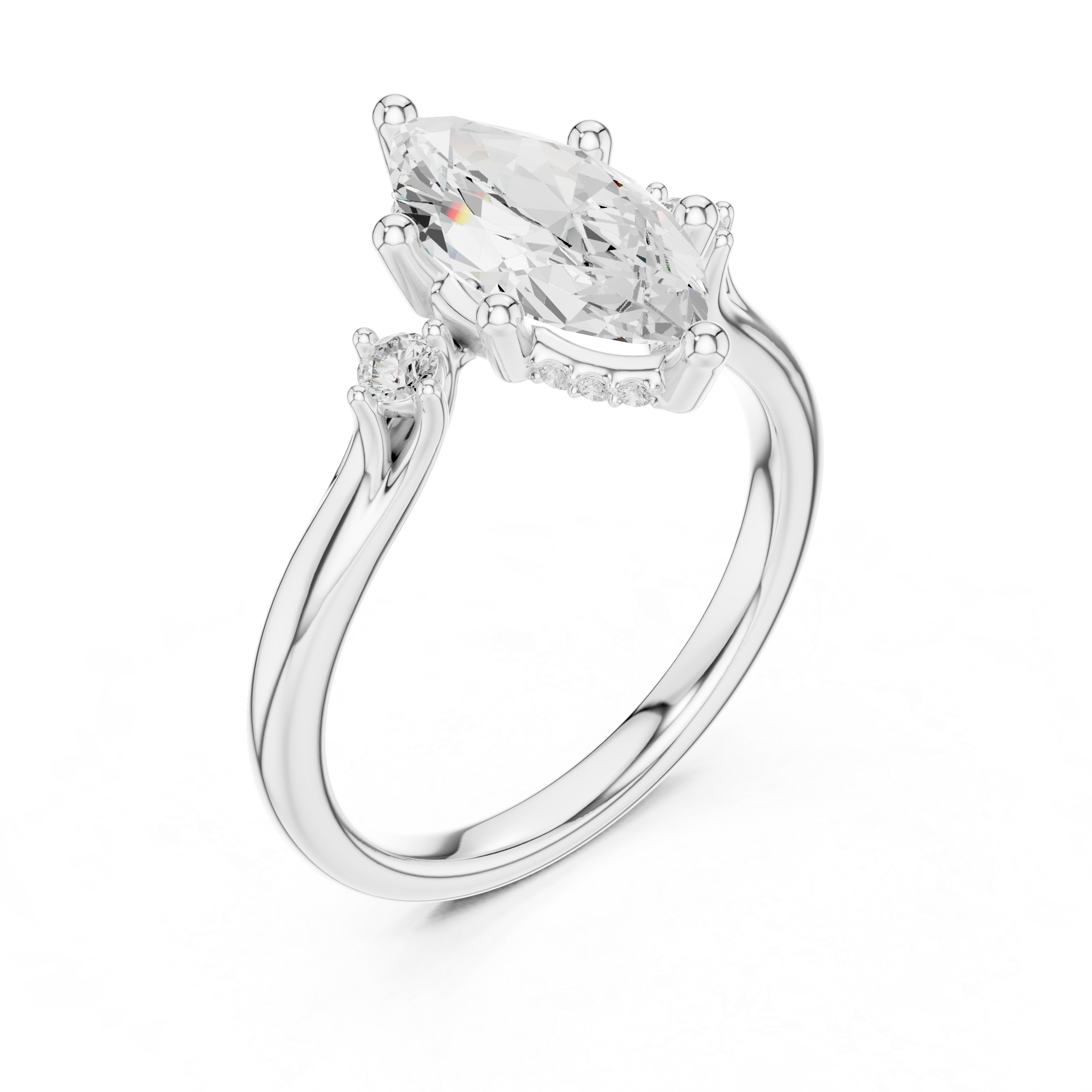 Marquise Cut Three Stone Hidden Halo Diamond Engagement Ring