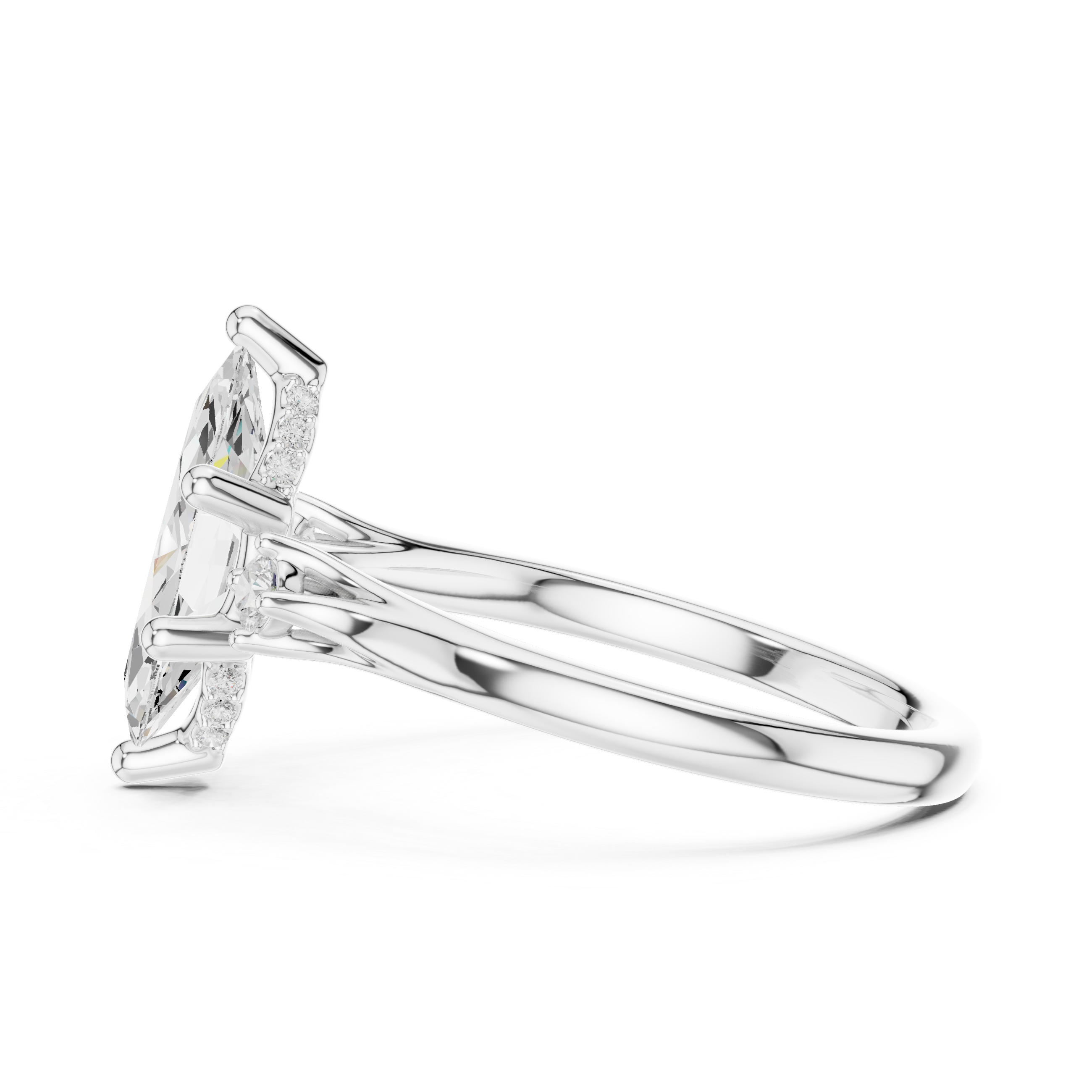 Marquise Cut Three Stone Hidden Halo Diamond Engagement Ring