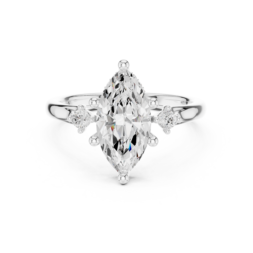 Marquise Cut Three Stone Hidden Halo Diamond Engagement Ring