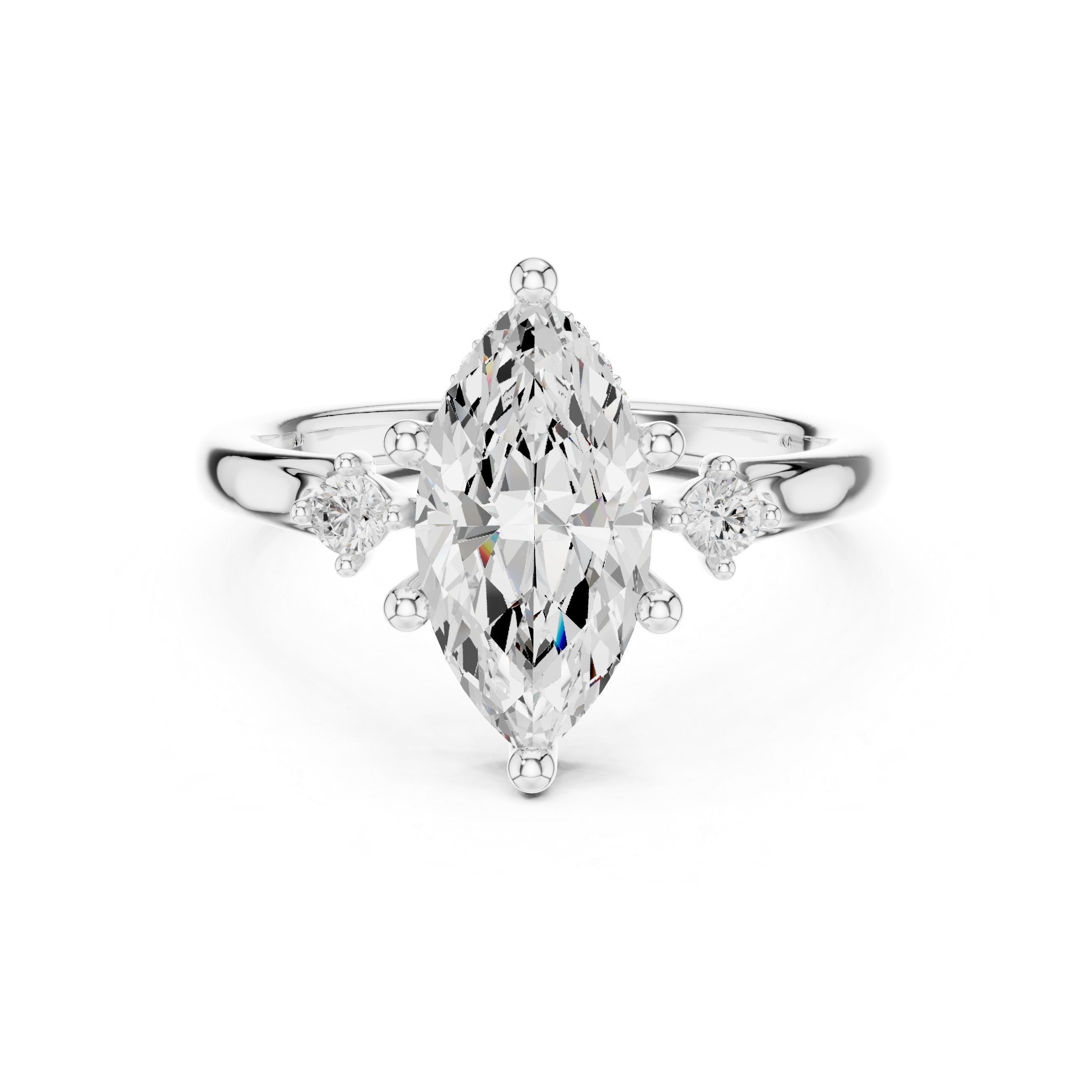 Marquise Cut Three Stone Hidden Halo Diamond Engagement Ring