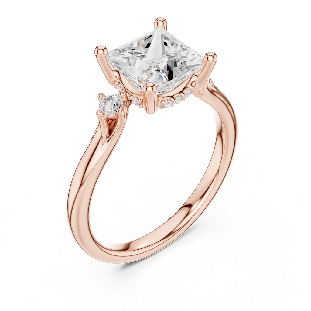 Princess Cut Three Stone Hidden Halo Diamond Engagement Ring