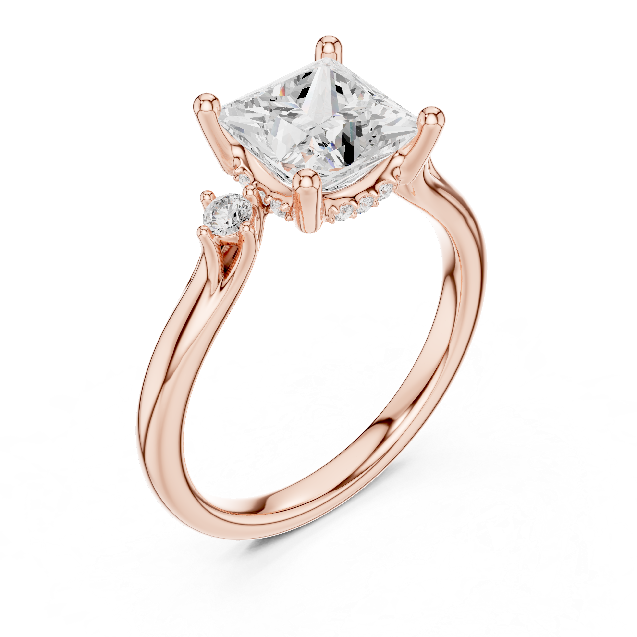 Princess Cut Three Stone Hidden Halo Diamond Engagement Ring