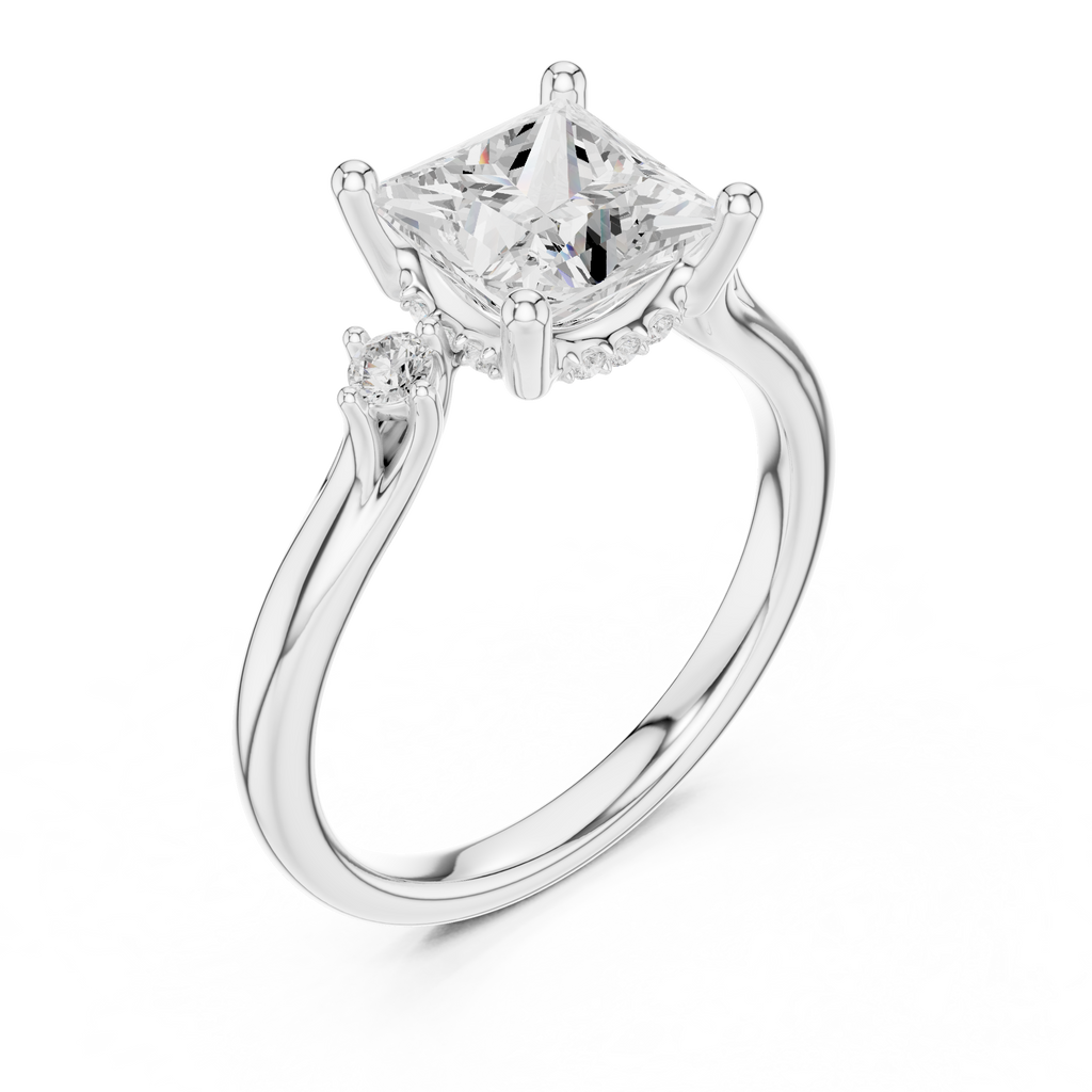 Princess Cut Three Stone Hidden Halo Diamond Engagement Ring
