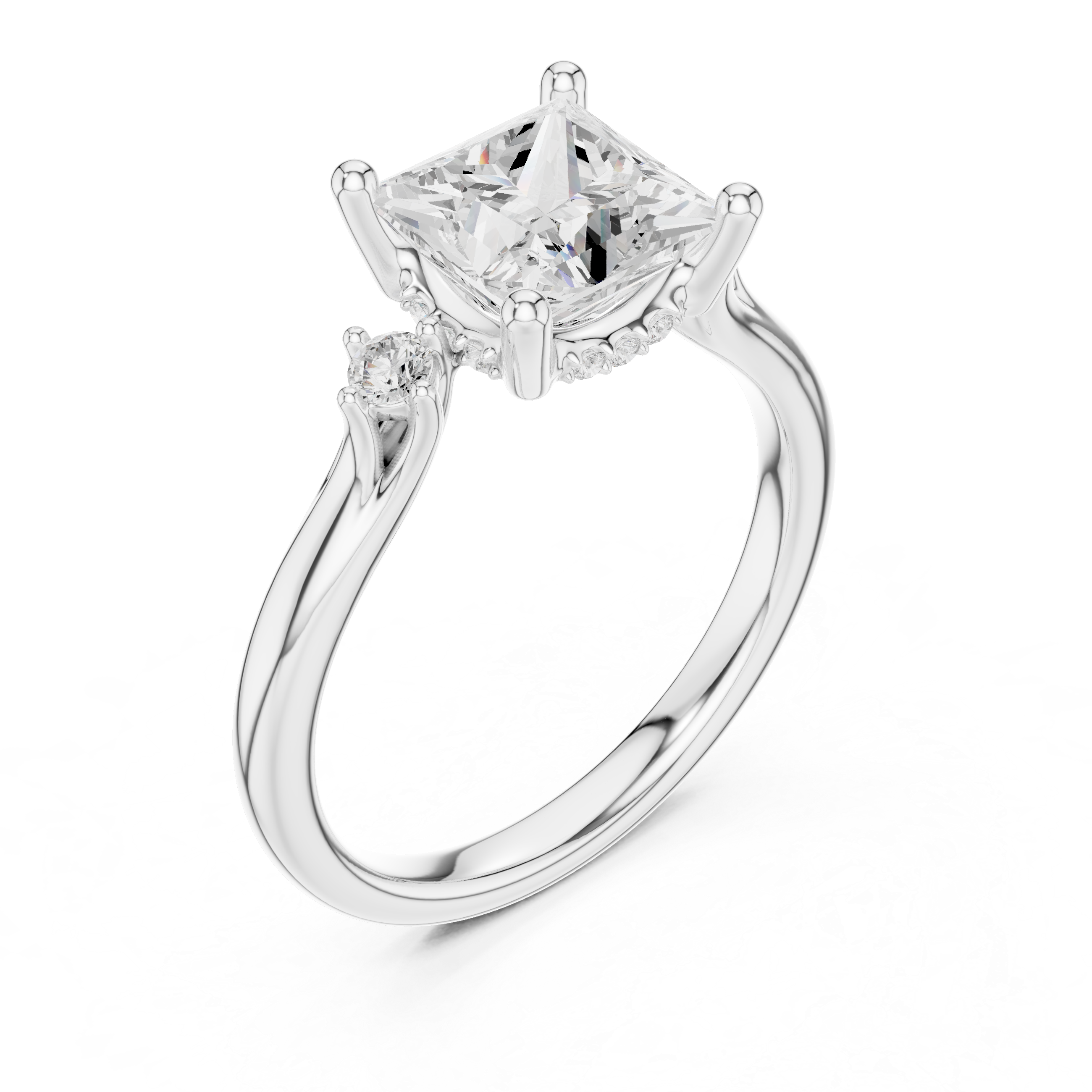 Princess Cut Three Stone Hidden Halo Diamond Engagement Ring