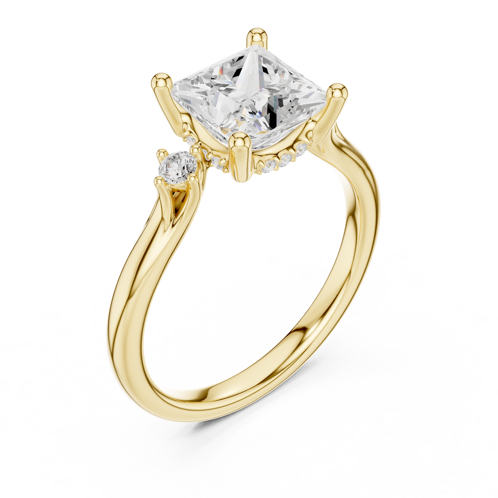 Princess Cut Three Stone Hidden Halo Diamond Engagement Ring