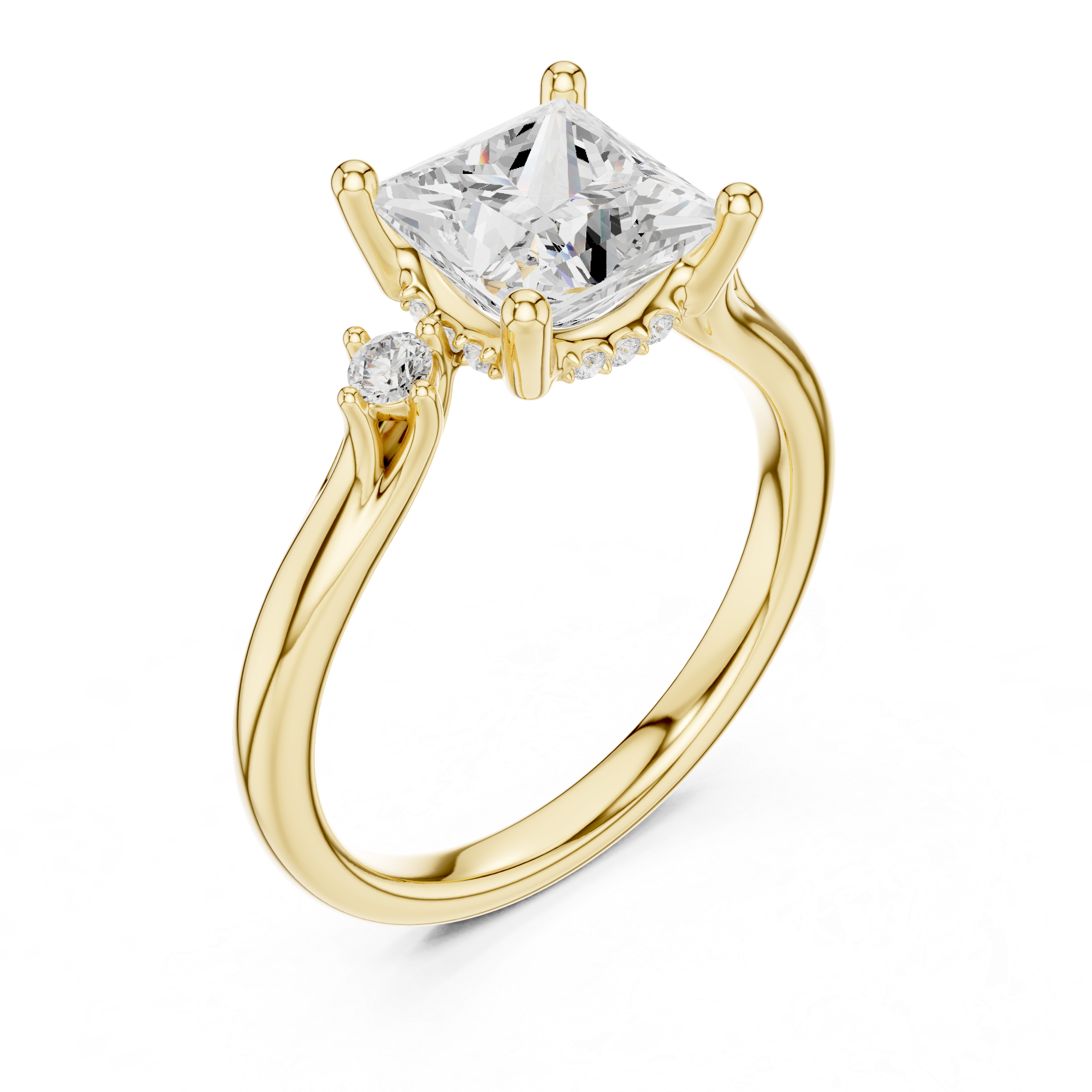 Princess Cut Three Stone Hidden Halo Diamond Engagement Ring