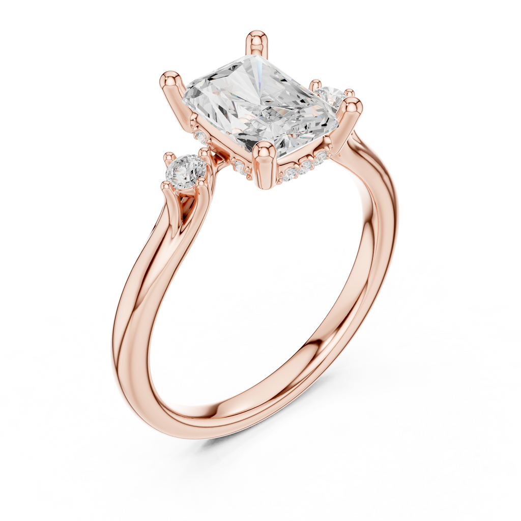 Radiant Cut Three Stone Hidden Halo Diamond Engagement Ring