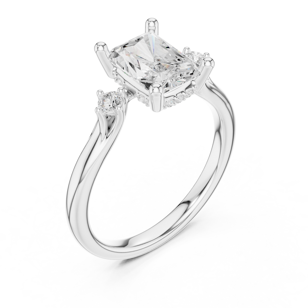 Radiant Cut Three Stone Hidden Halo Diamond Engagement Ring