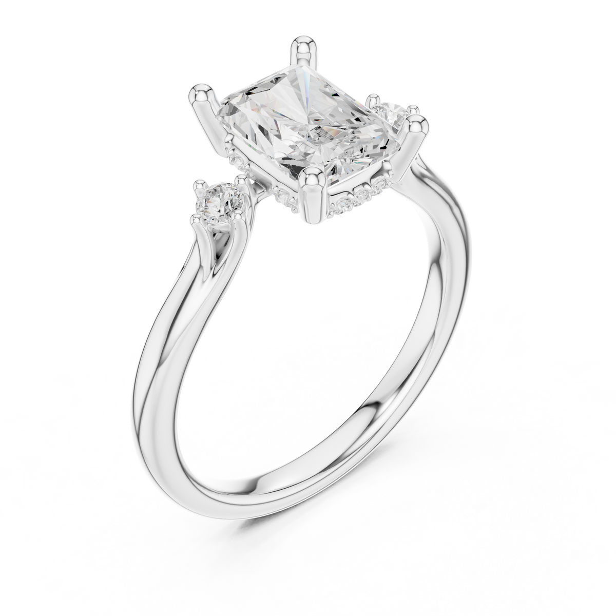 Radiant Cut Three Stone Hidden Halo Diamond Engagement Ring – view 3 of 12, lab grown diamond ring | Jewelix Atelier