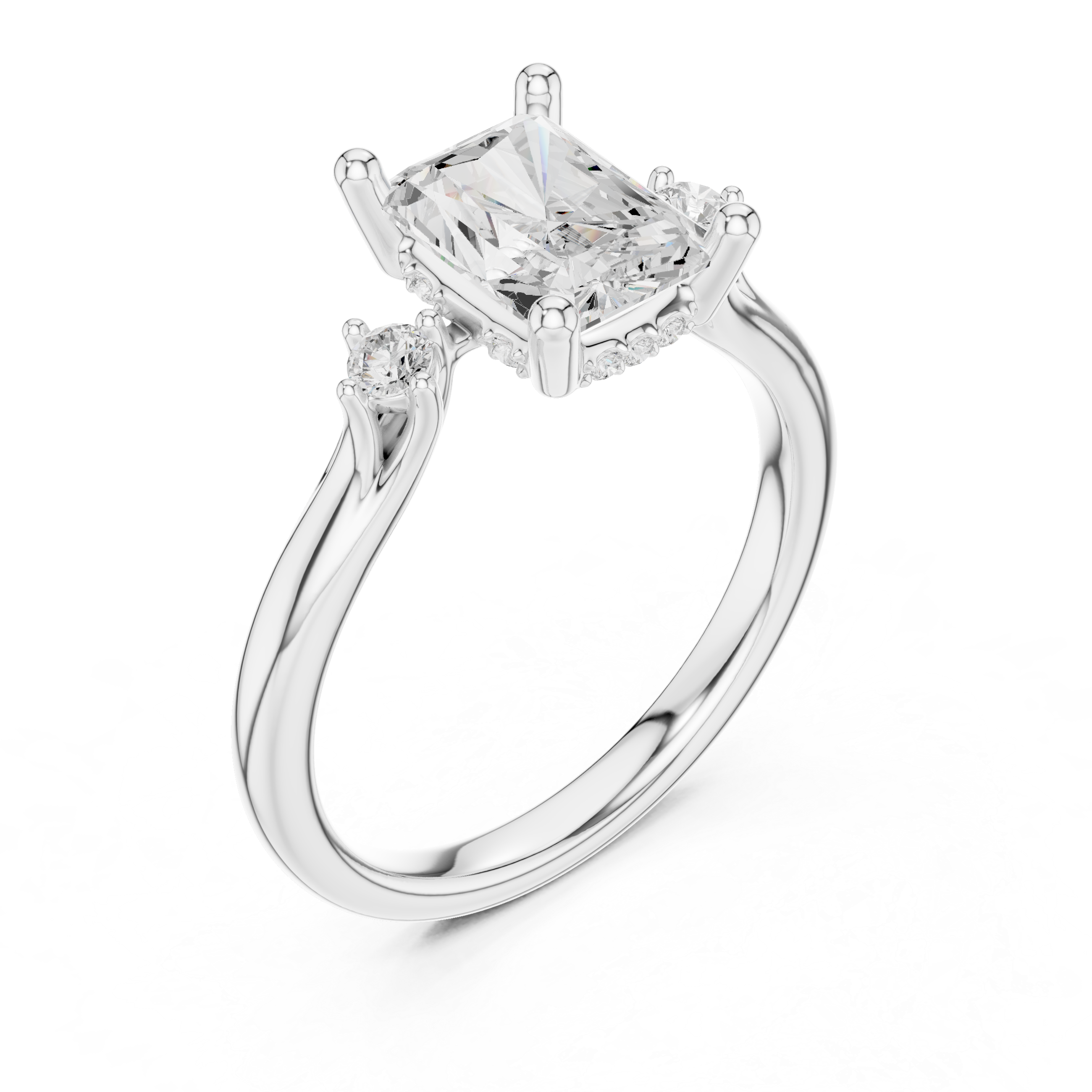 Radiant Cut Three Stone Hidden Halo Diamond Engagement Ring