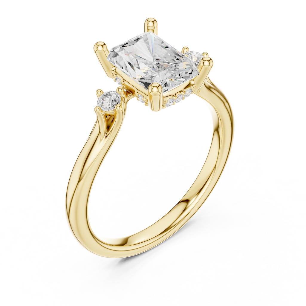 Radiant Cut Three Stone Hidden Halo Diamond Engagement Ring