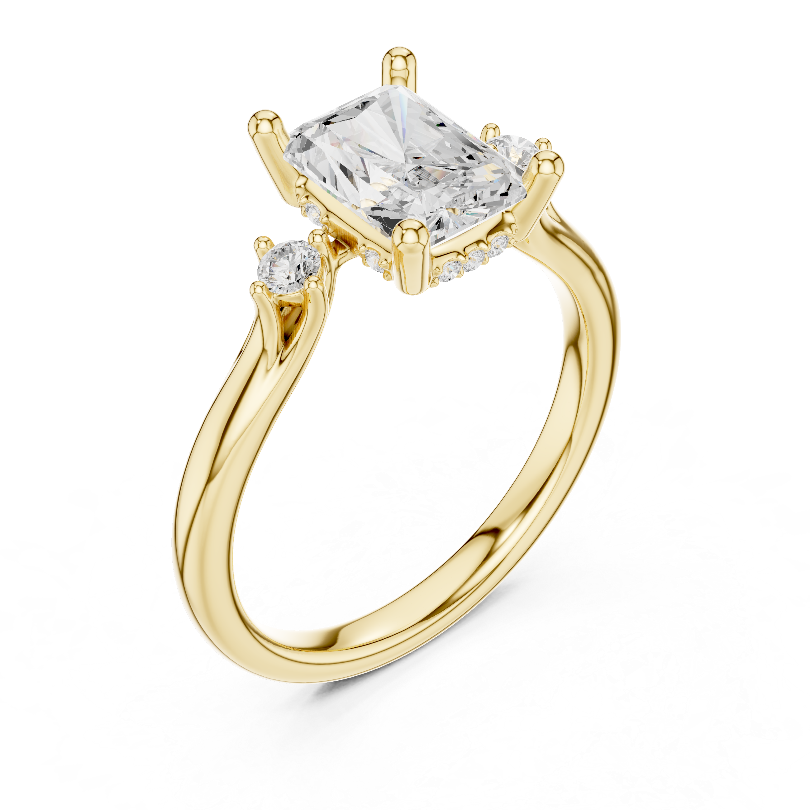 Radiant Cut Three Stone Hidden Halo Diamond Engagement Ring