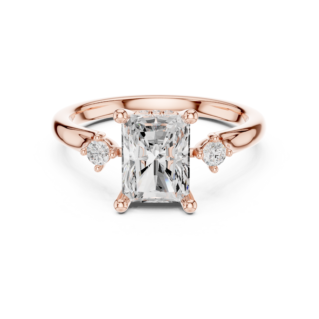 Radiant Cut Three Stone Hidden Halo Diamond Engagement Ring