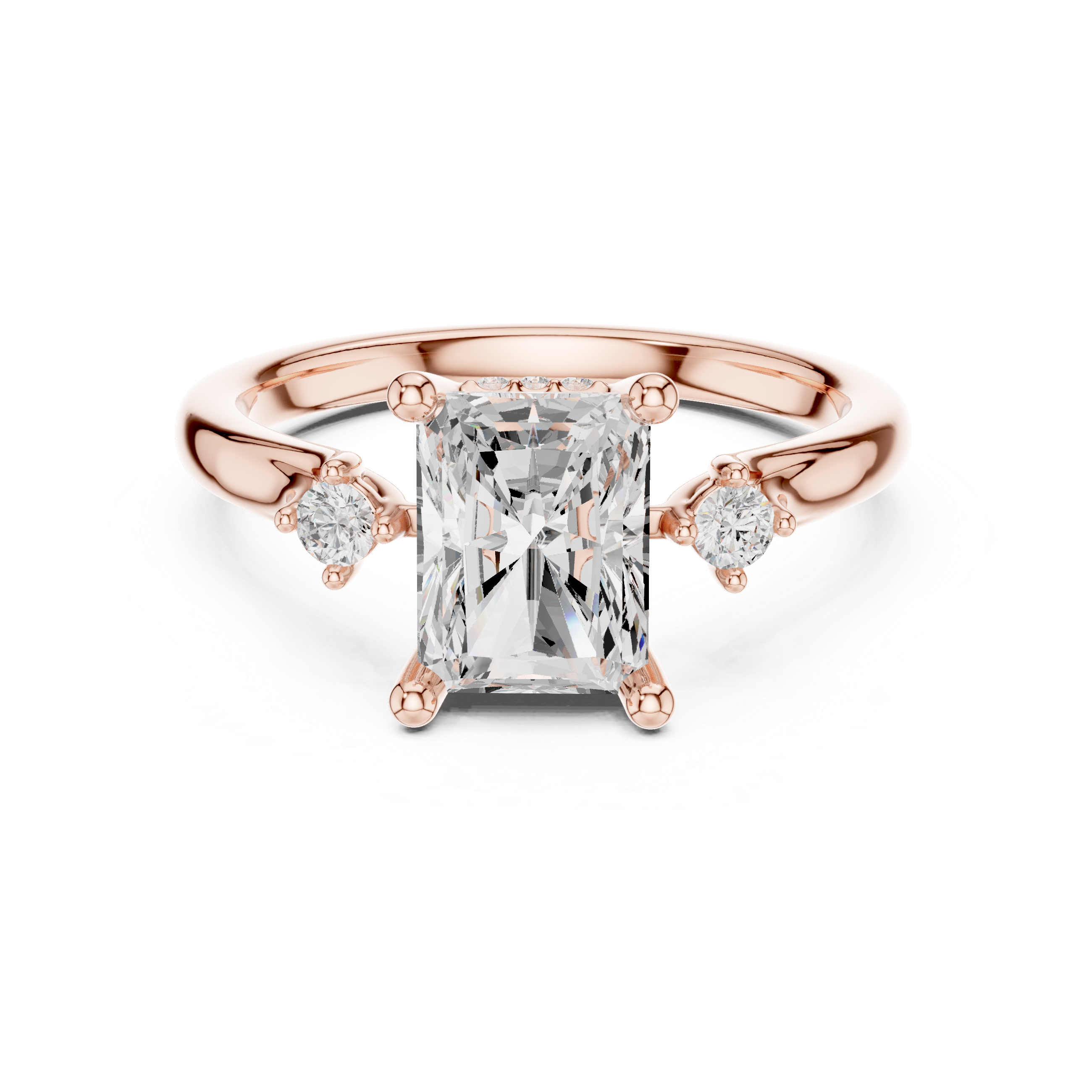 Radiant Cut Three Stone Hidden Halo Diamond Engagement Ring