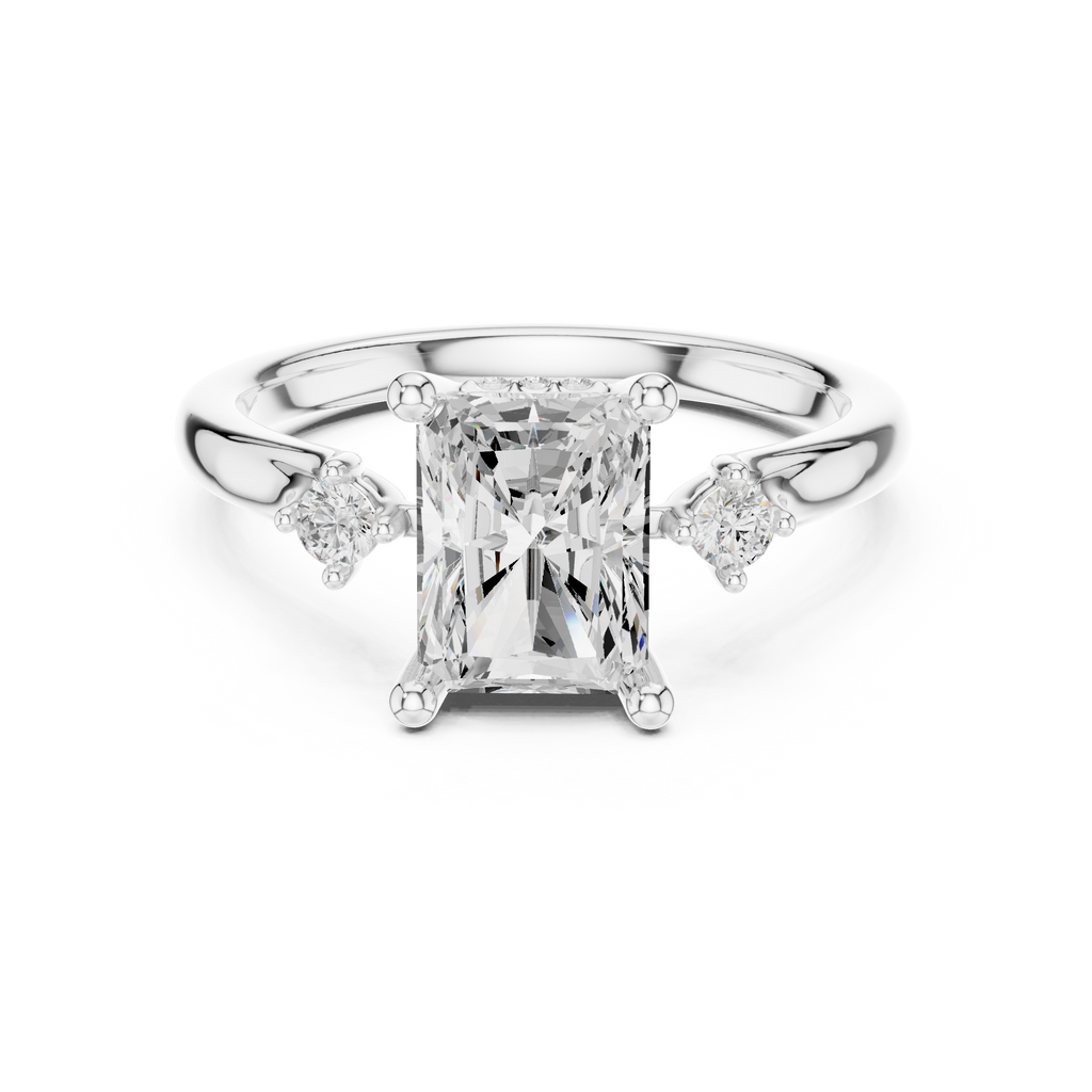 Radiant Cut Three Stone Hidden Halo Diamond Engagement Ring