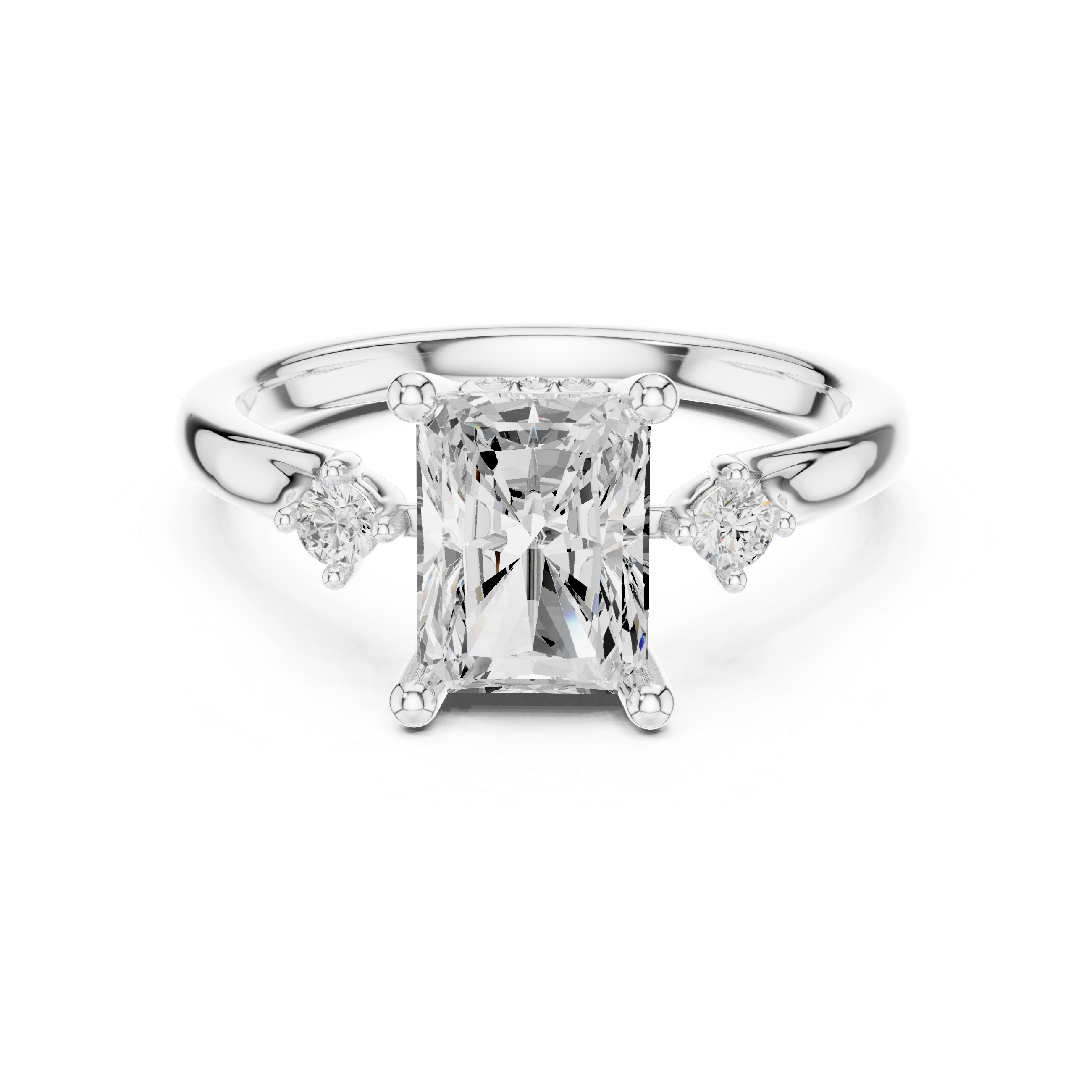 Radiant Cut Three Stone Hidden Halo Diamond Engagement Ring