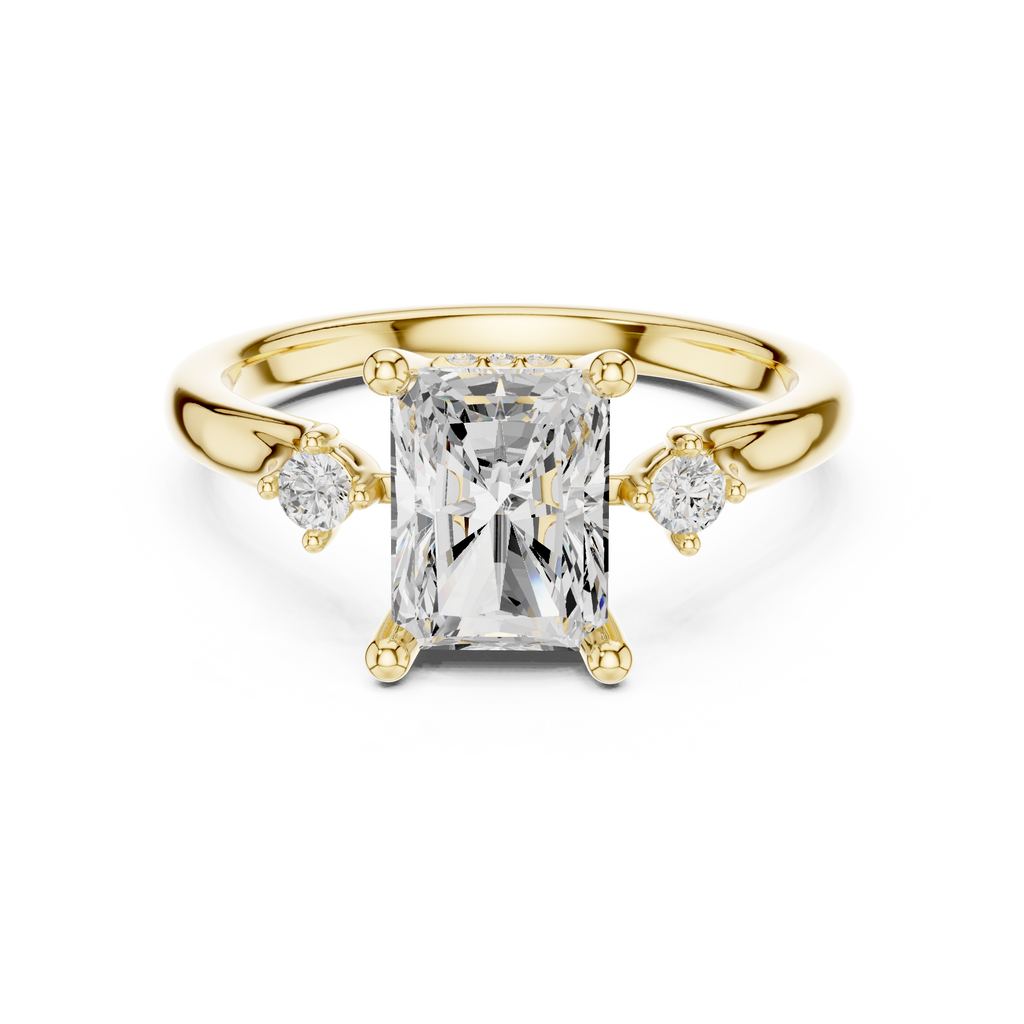 Radiant Cut Three Stone Hidden Halo Diamond Engagement Ring