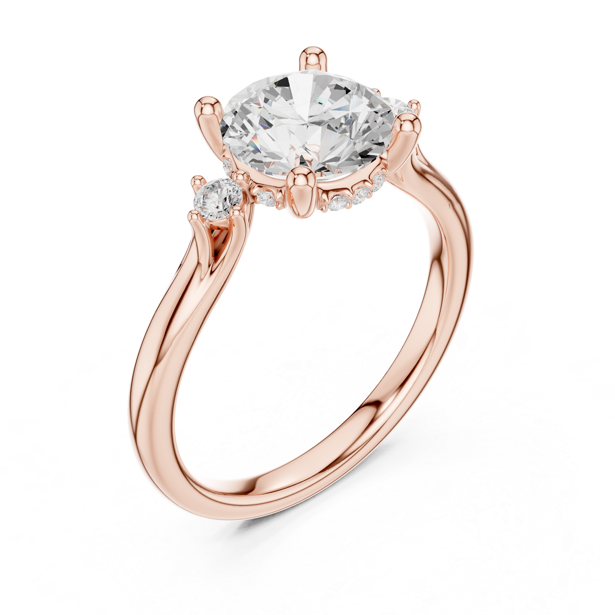 Round Cut Three Stone Hidden Halo Diamond Engagement Ring