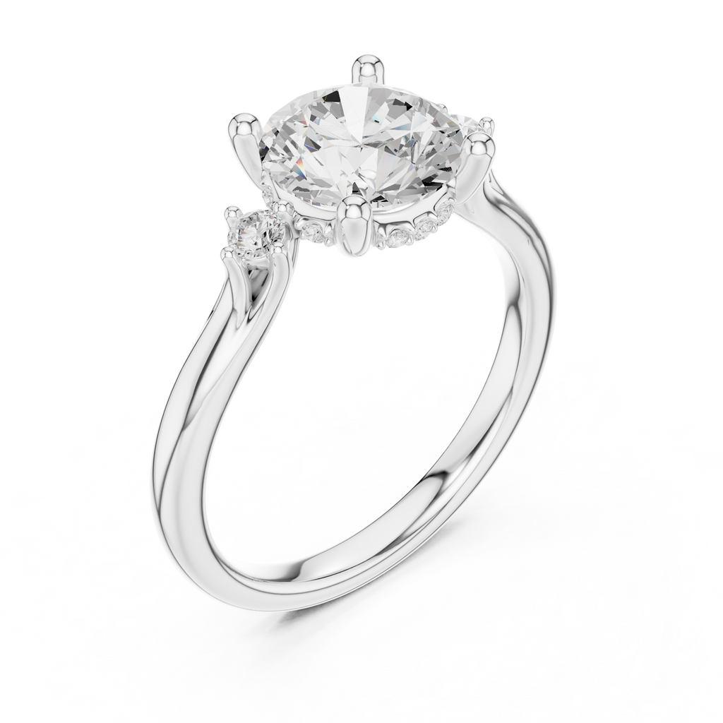 Round Cut Three Stone Hidden Halo Diamond Engagement Ring