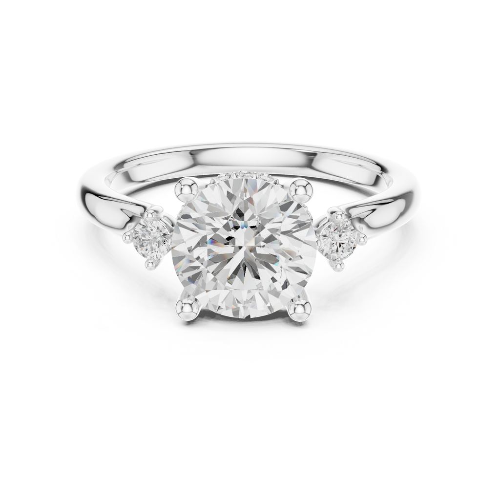 Round Cut Three Stone Hidden Halo Diamond Engagement Ring