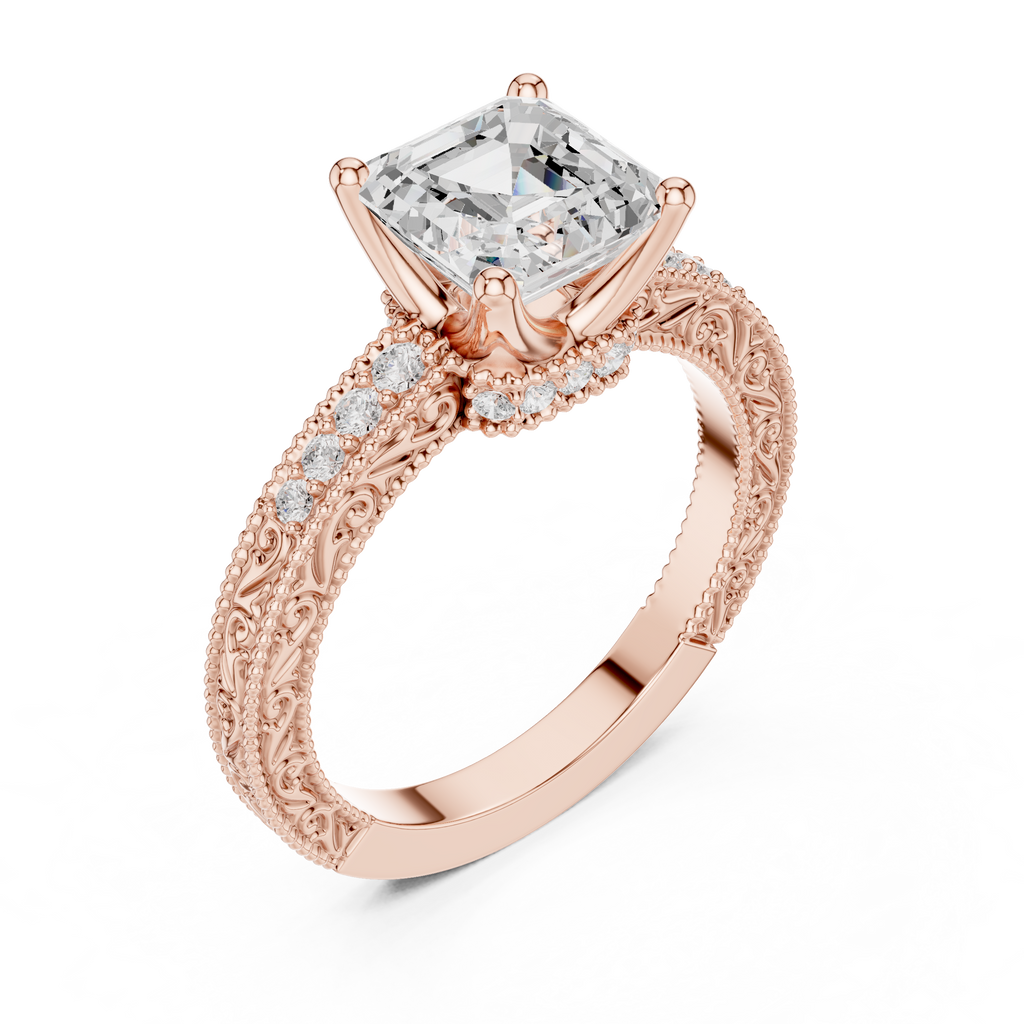 Vintage Asscher Cut Diamond Engagement Ring with Milgrain Band