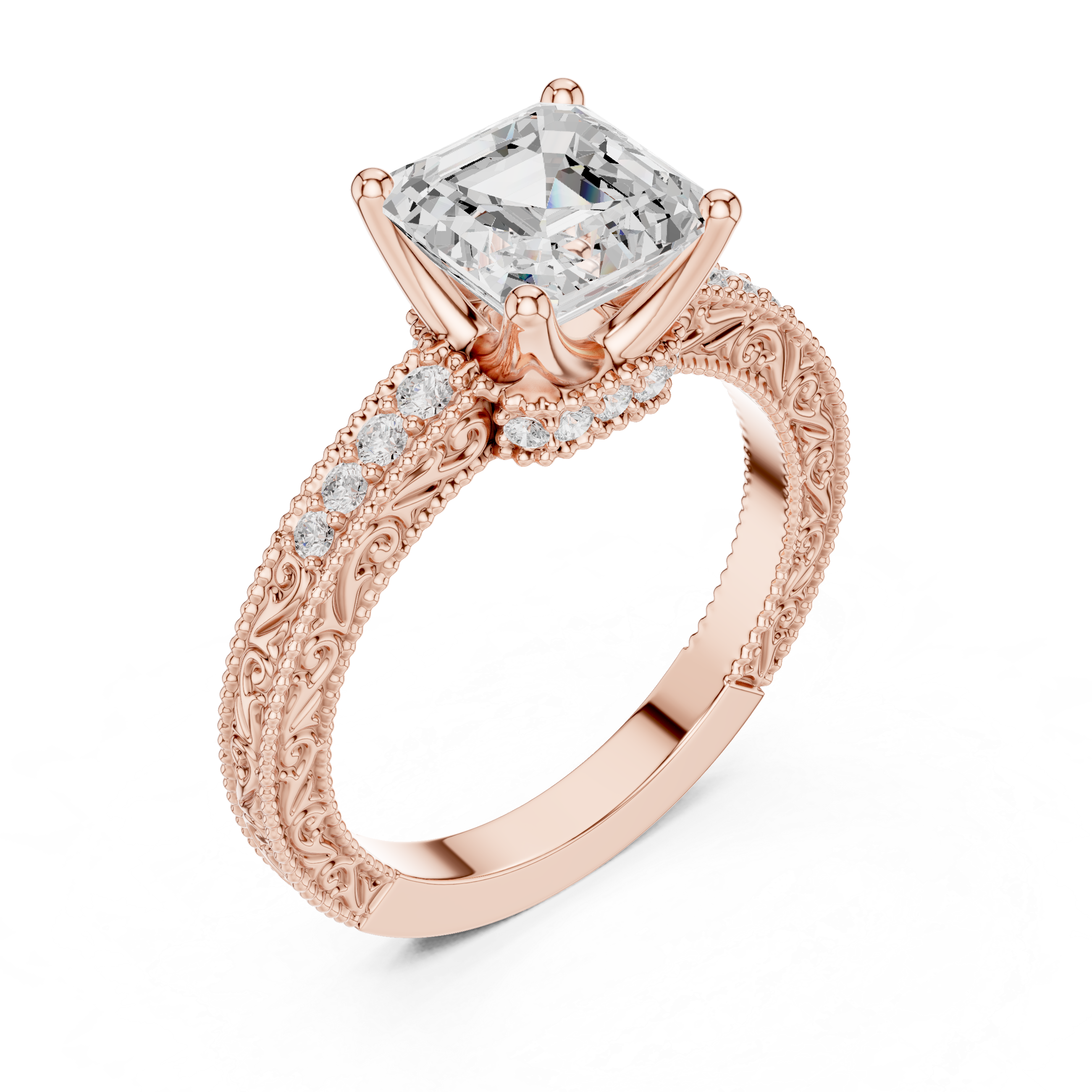 Vintage Asscher Cut Diamond Engagement Ring with Milgrain Band