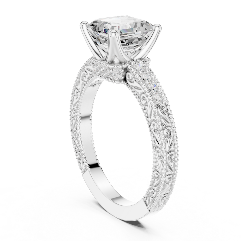 Vintage Asscher Cut Diamond Engagement Ring with Milgrain Band
