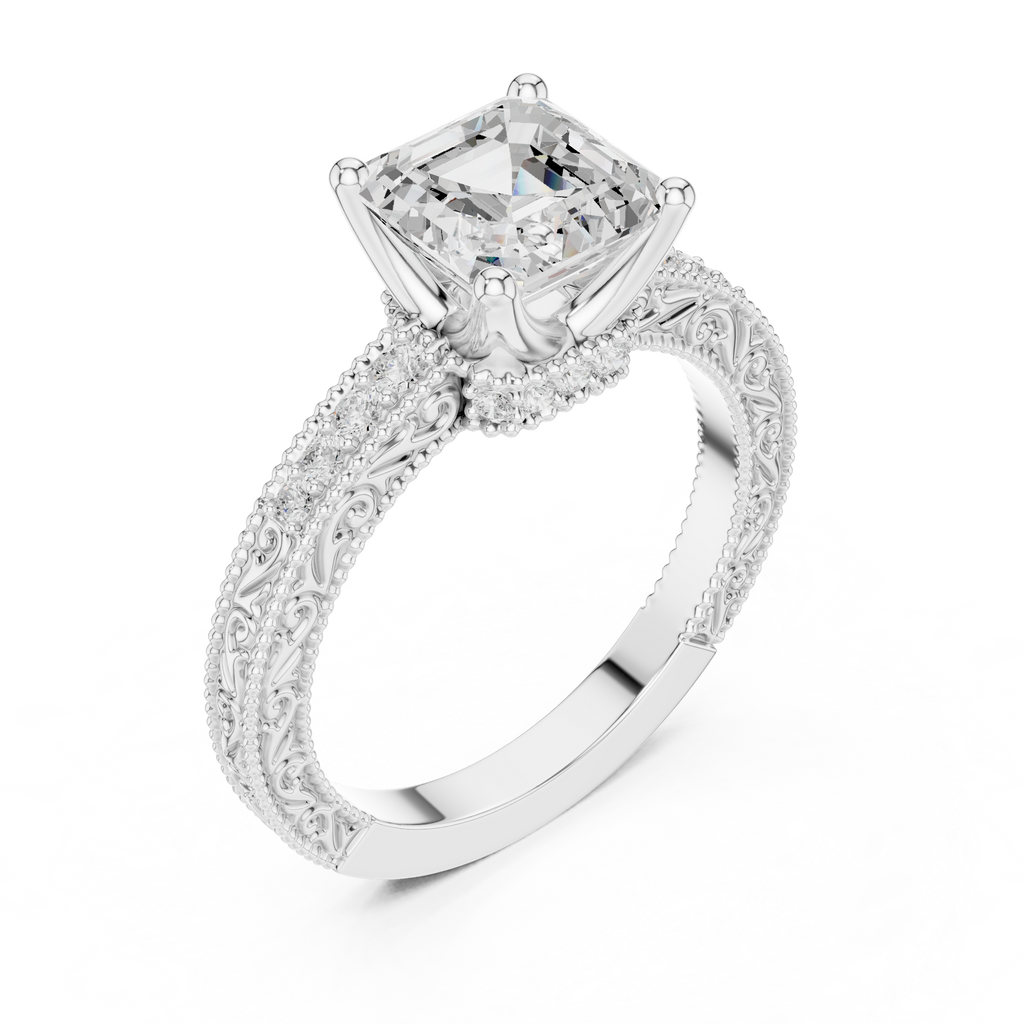 Vintage Asscher Cut Diamond Engagement Ring with Milgrain Band