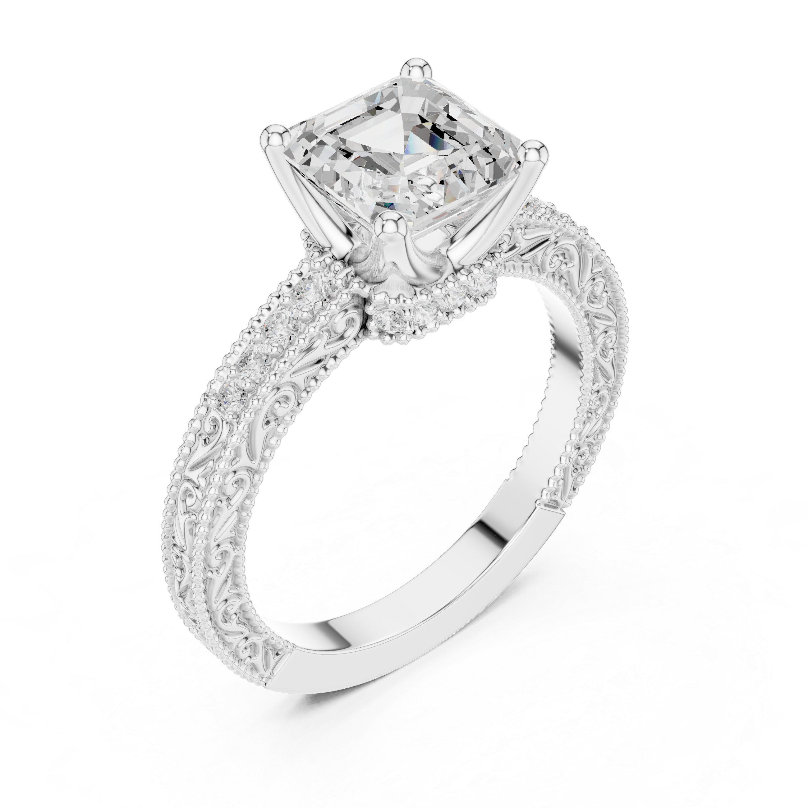 Vintage Asscher Cut Diamond Engagement Ring with Milgrain Band