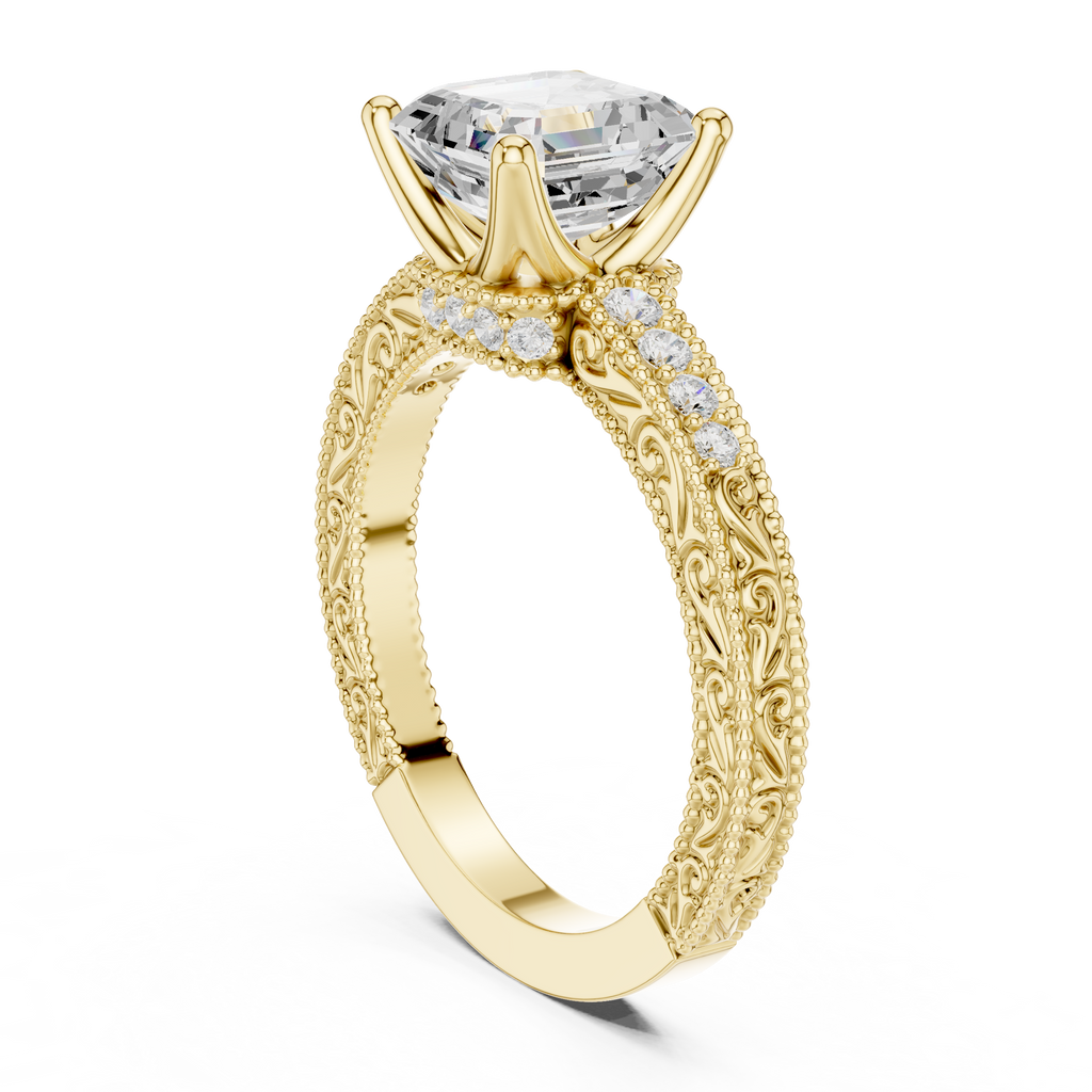 Vintage Asscher Cut Diamond Engagement Ring with Milgrain Band