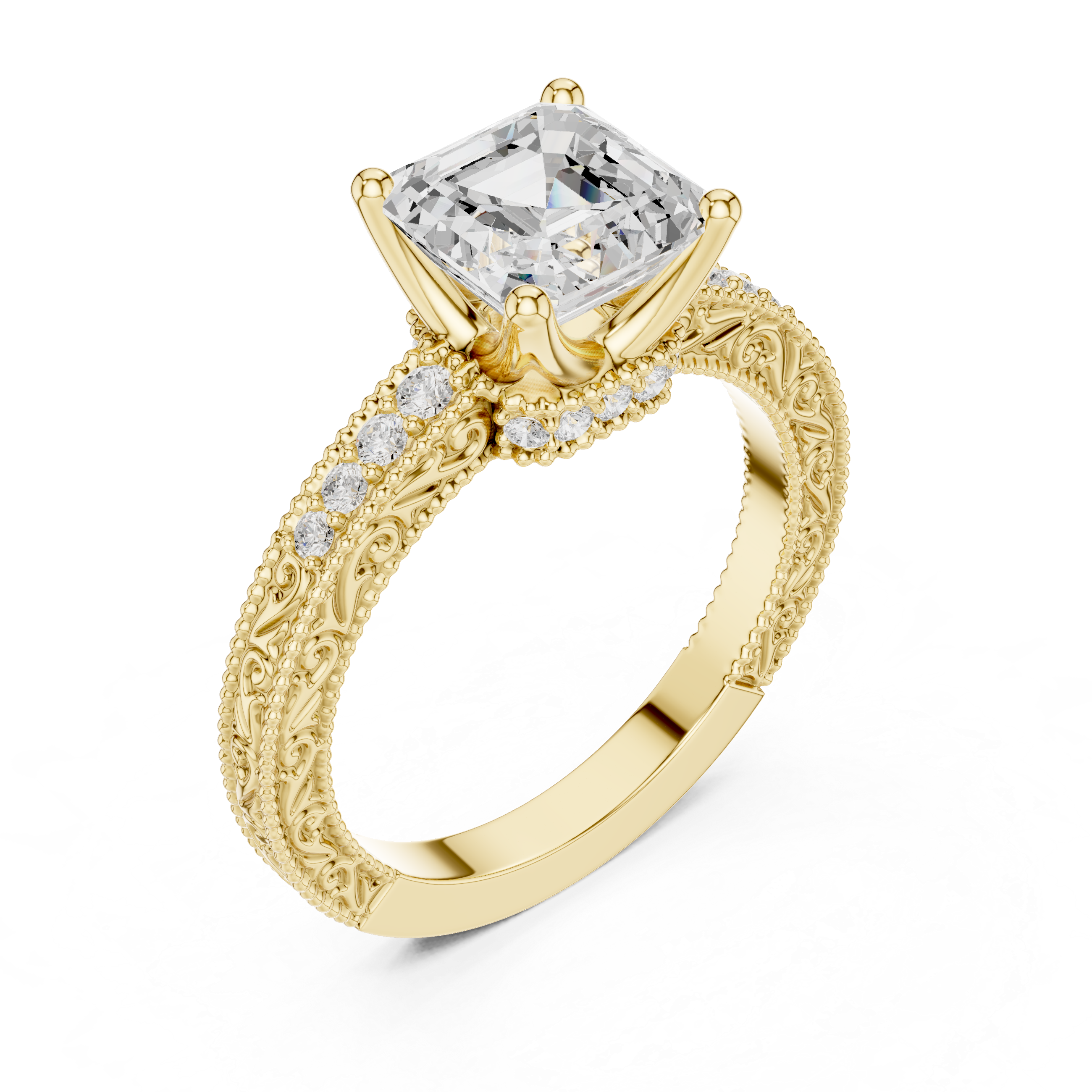 Vintage Asscher Cut Diamond Engagement Ring with Milgrain Band