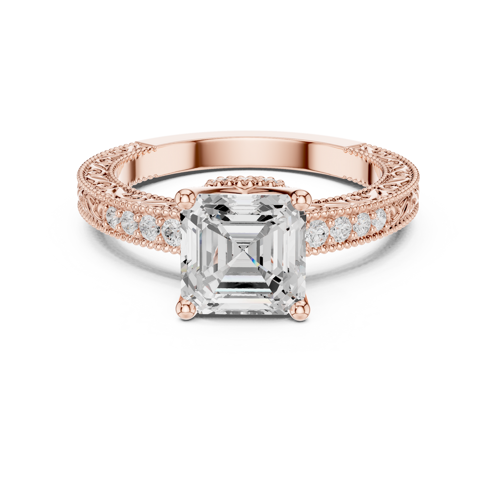 Vintage Asscher Cut Diamond Engagement Ring with Milgrain Band