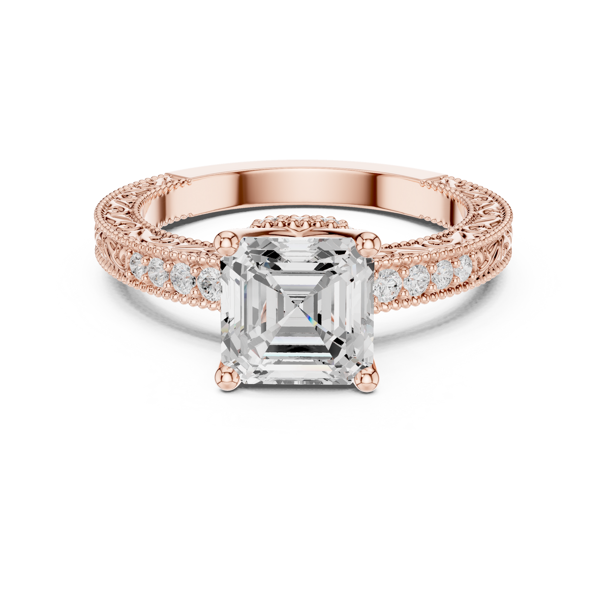 Vintage Asscher Cut Diamond Engagement Ring with Milgrain Band – view 5 of 12, lab grown diamond band | Jewelix Atelier