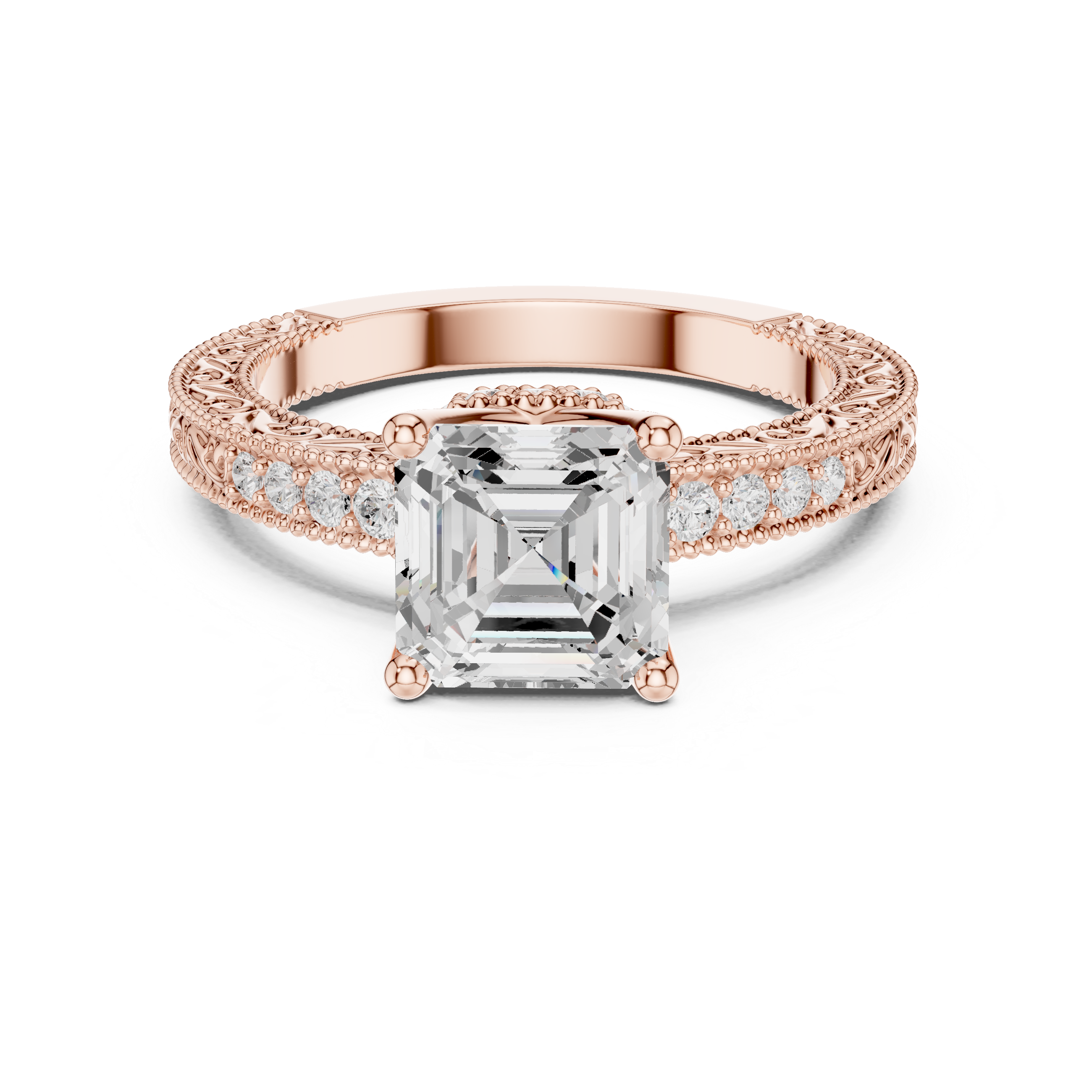 Vintage Asscher Cut Diamond Engagement Ring with Milgrain Band