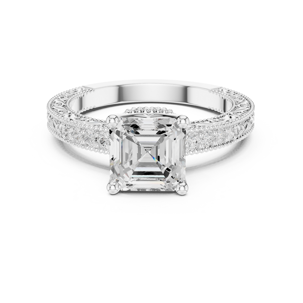 Vintage Asscher Cut Diamond Engagement Ring with Milgrain Band