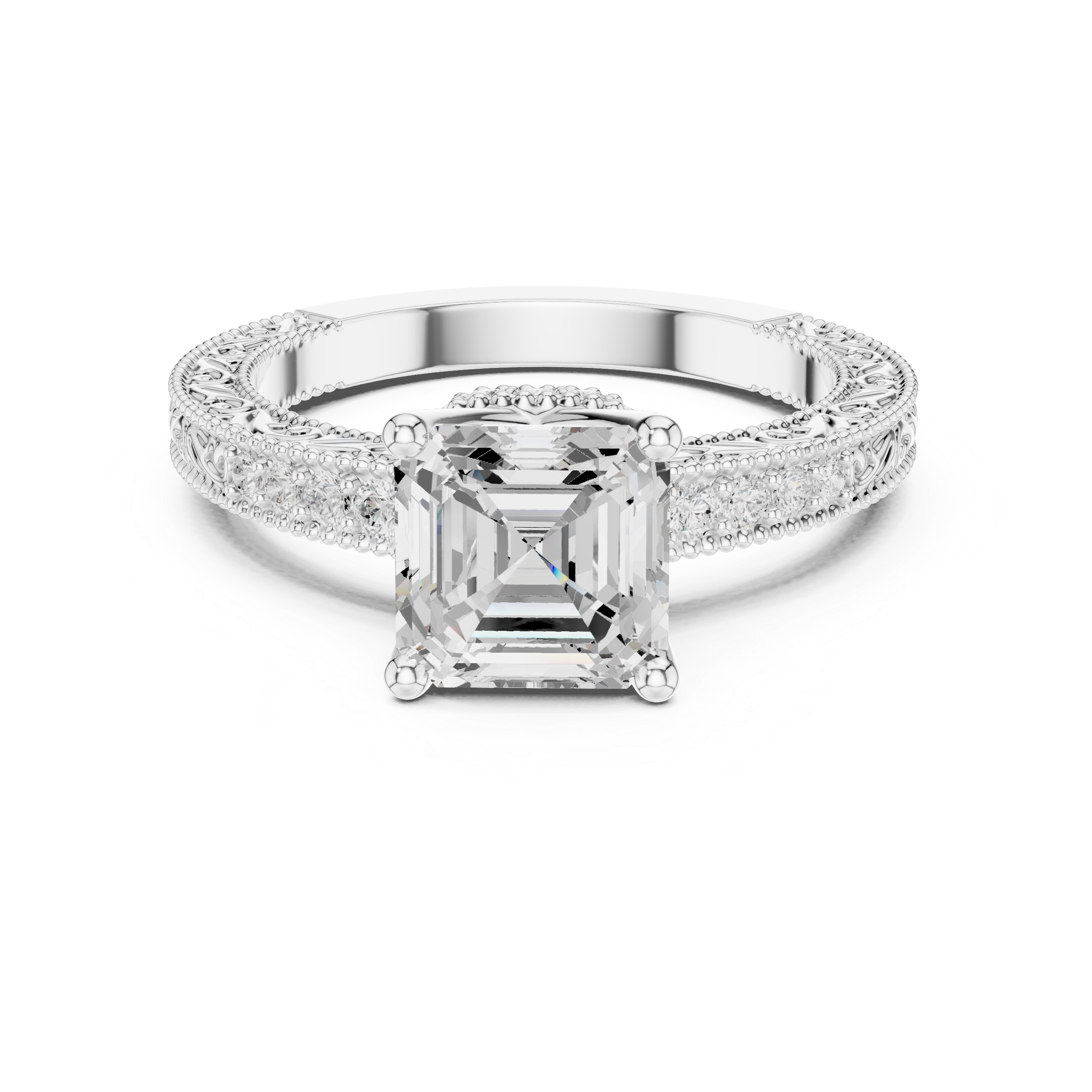 Vintage Asscher Cut Diamond Engagement Ring with Milgrain Band