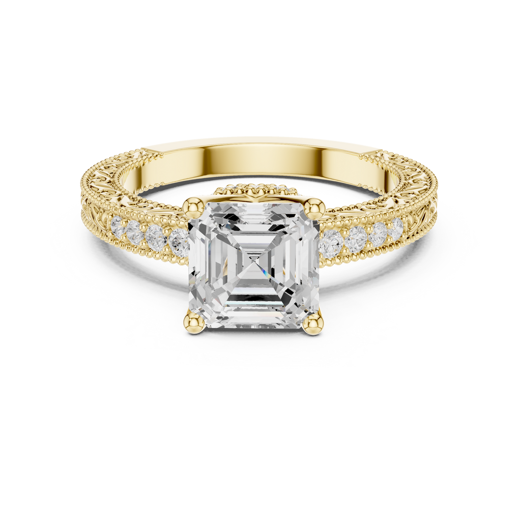 Vintage Asscher Cut Diamond Engagement Ring with Milgrain Band