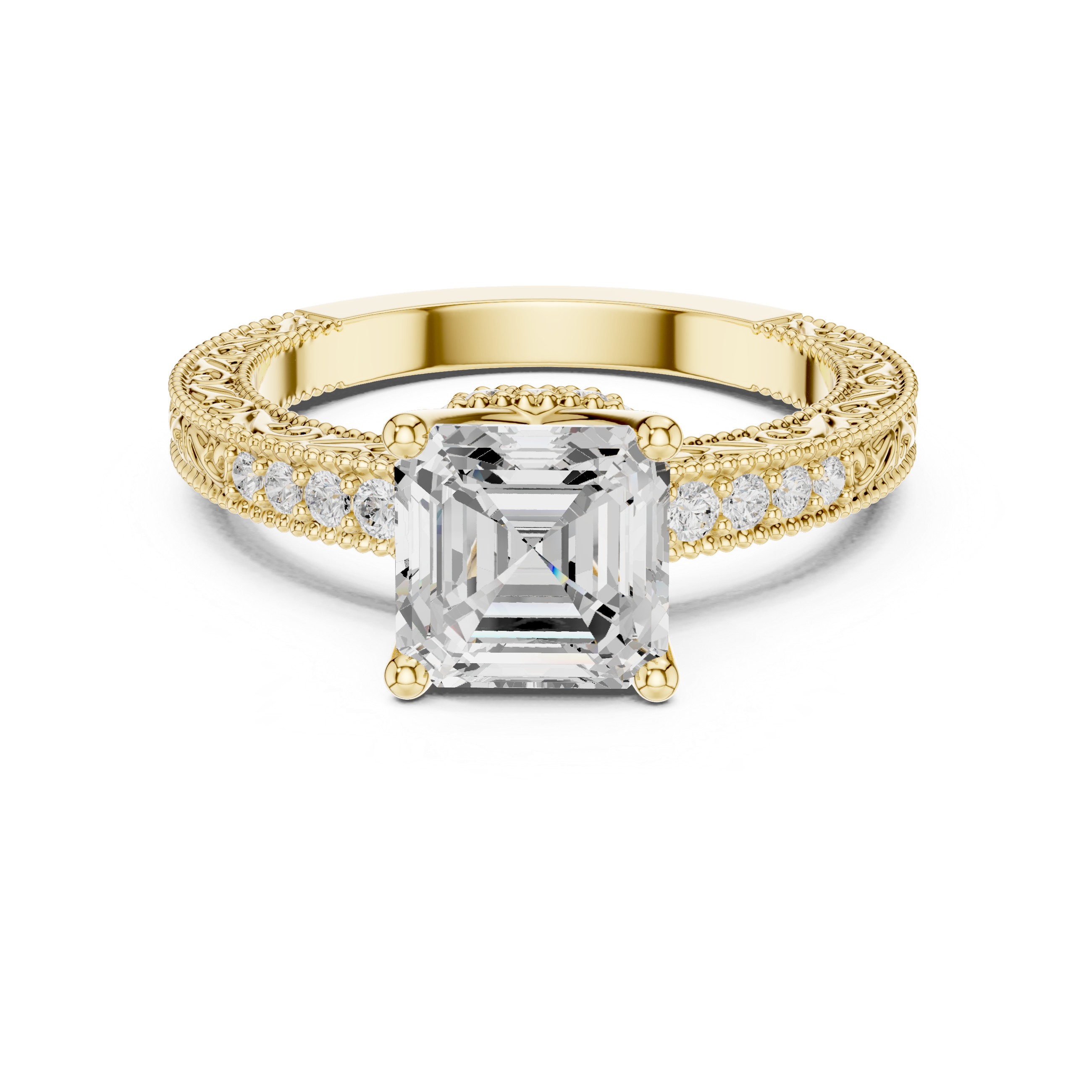 Vintage Asscher Cut Diamond Engagement Ring with Milgrain Band