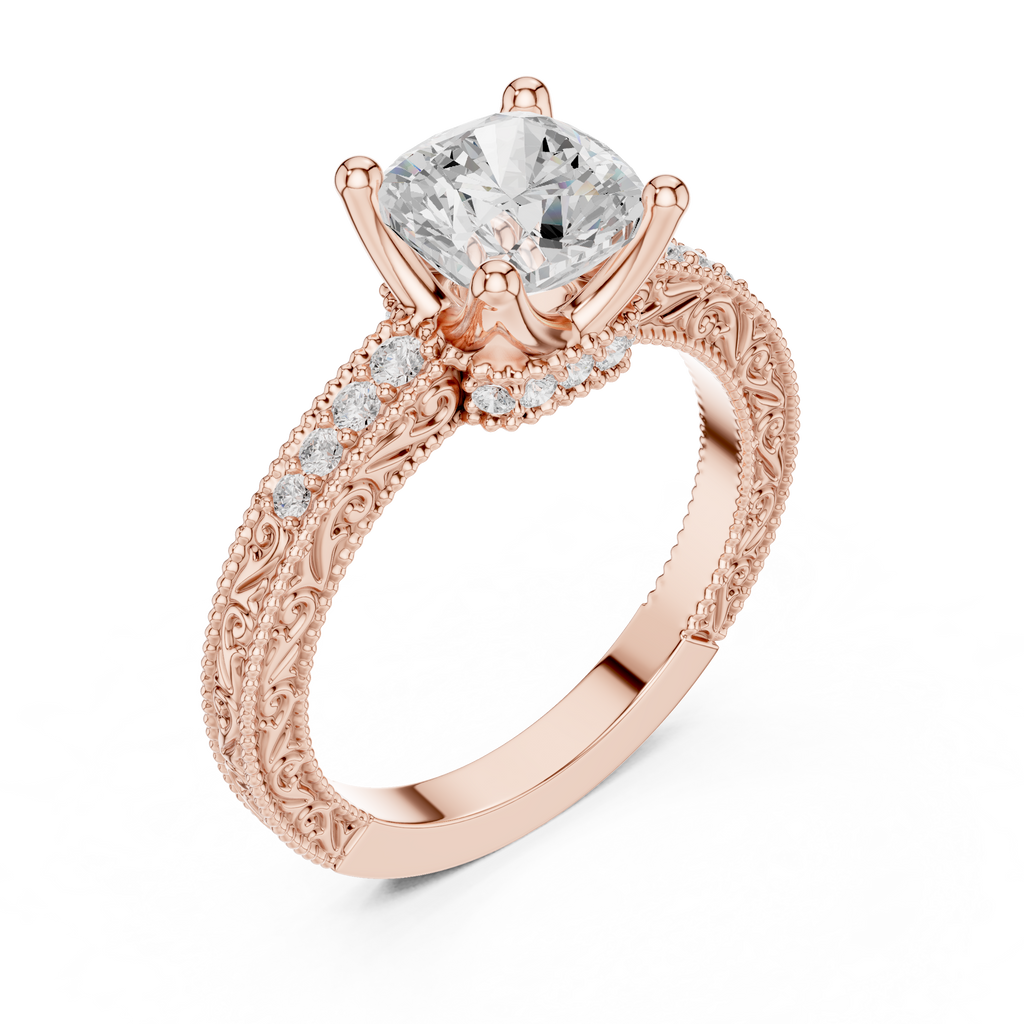 Vintage Cushion Cut Diamond Engagement Ring with Milgrain Band