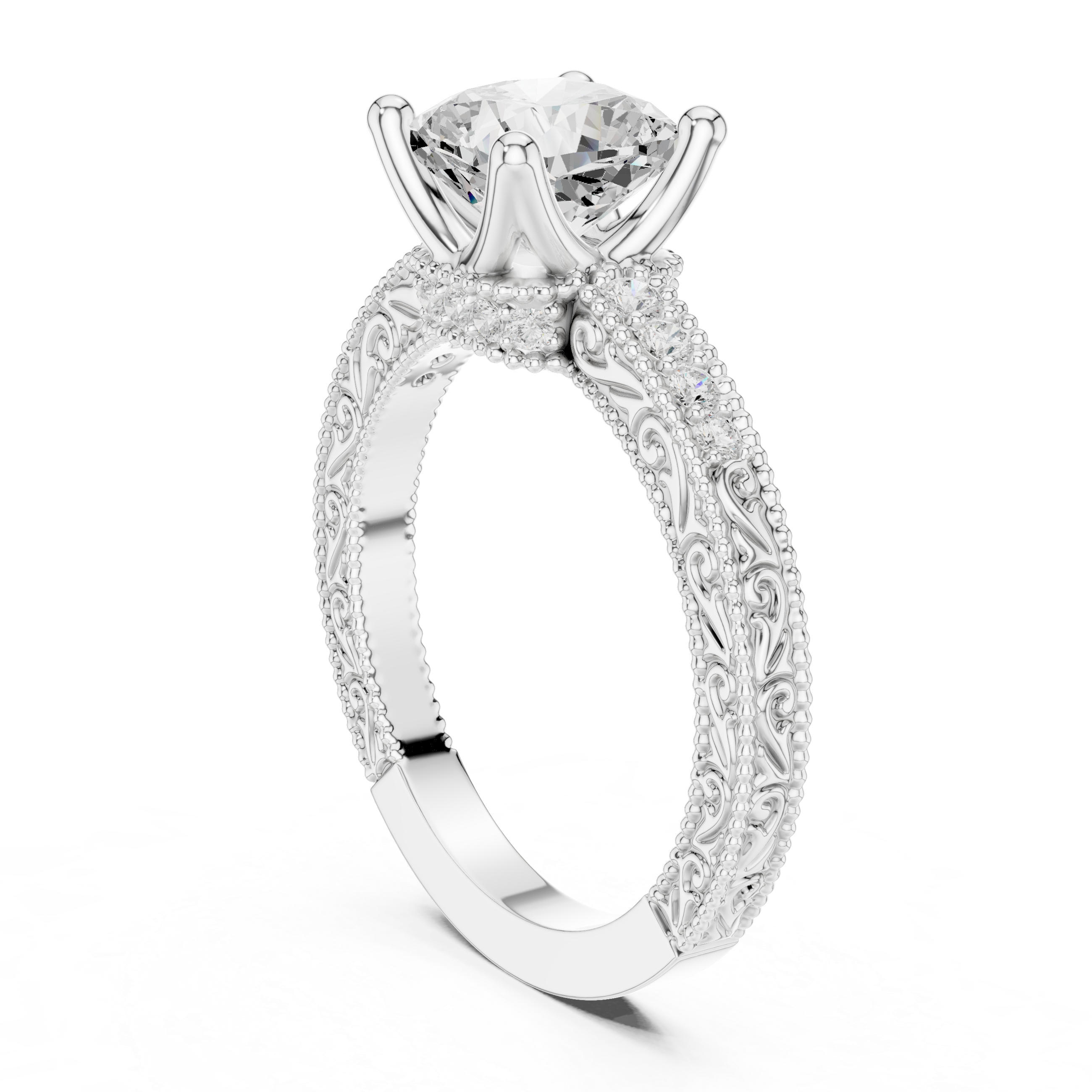 Vintage Cushion Cut Diamond Engagement Ring with Milgrain Band