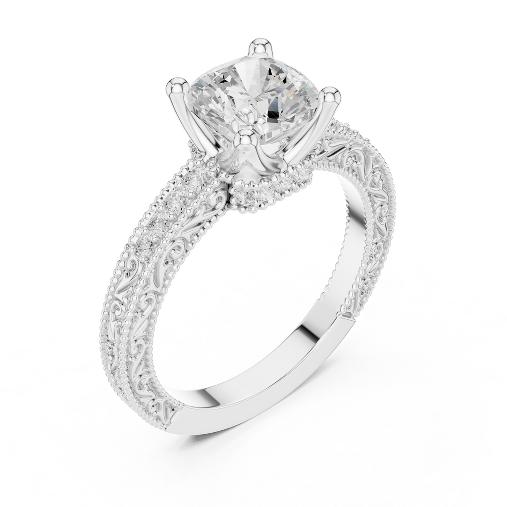 Vintage Cushion Cut Diamond Engagement Ring with Milgrain Band